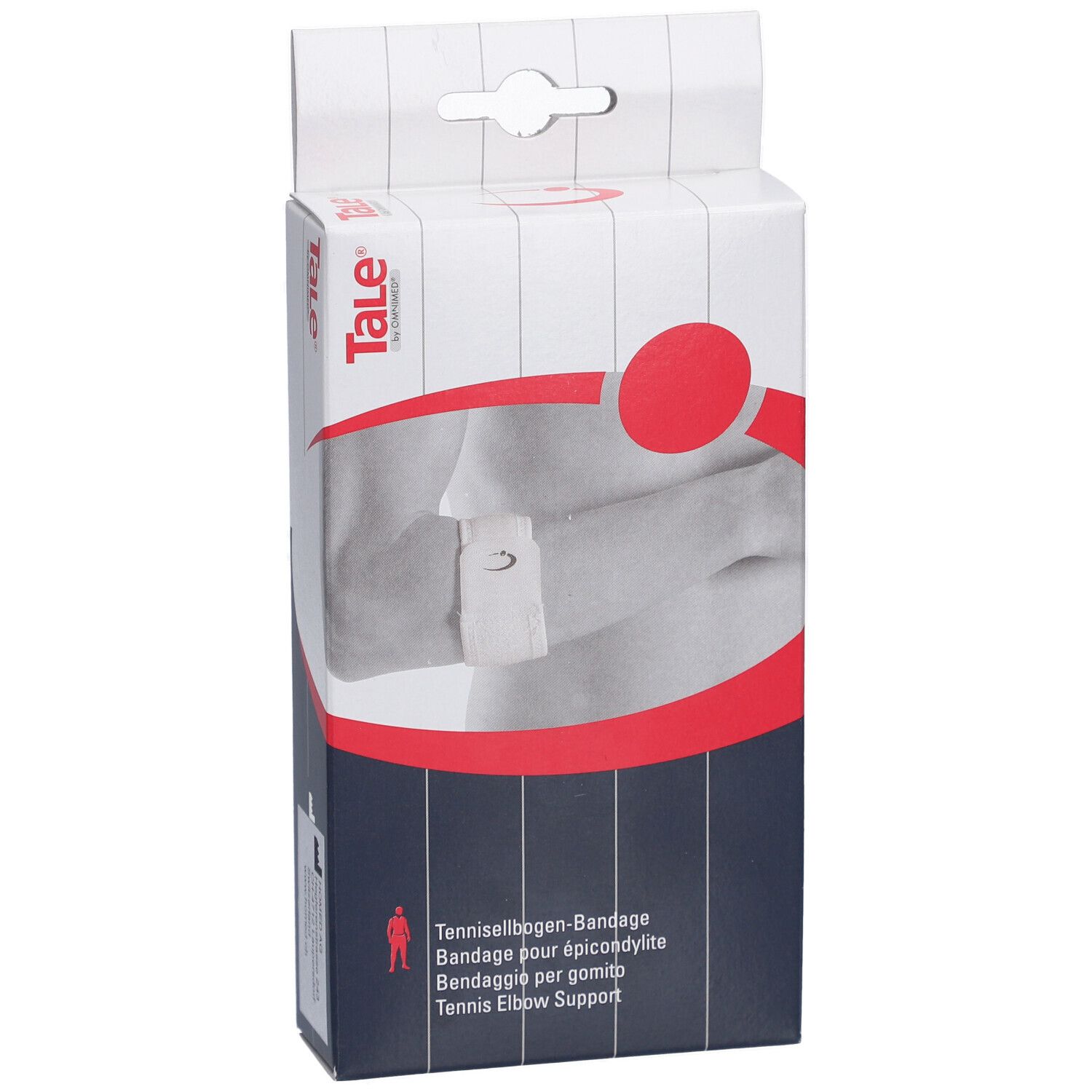 Vorderansicht der Tale Tennisellbogen-Bandage Verpackung. Weißer Karton mit Produktabbildung und Text.