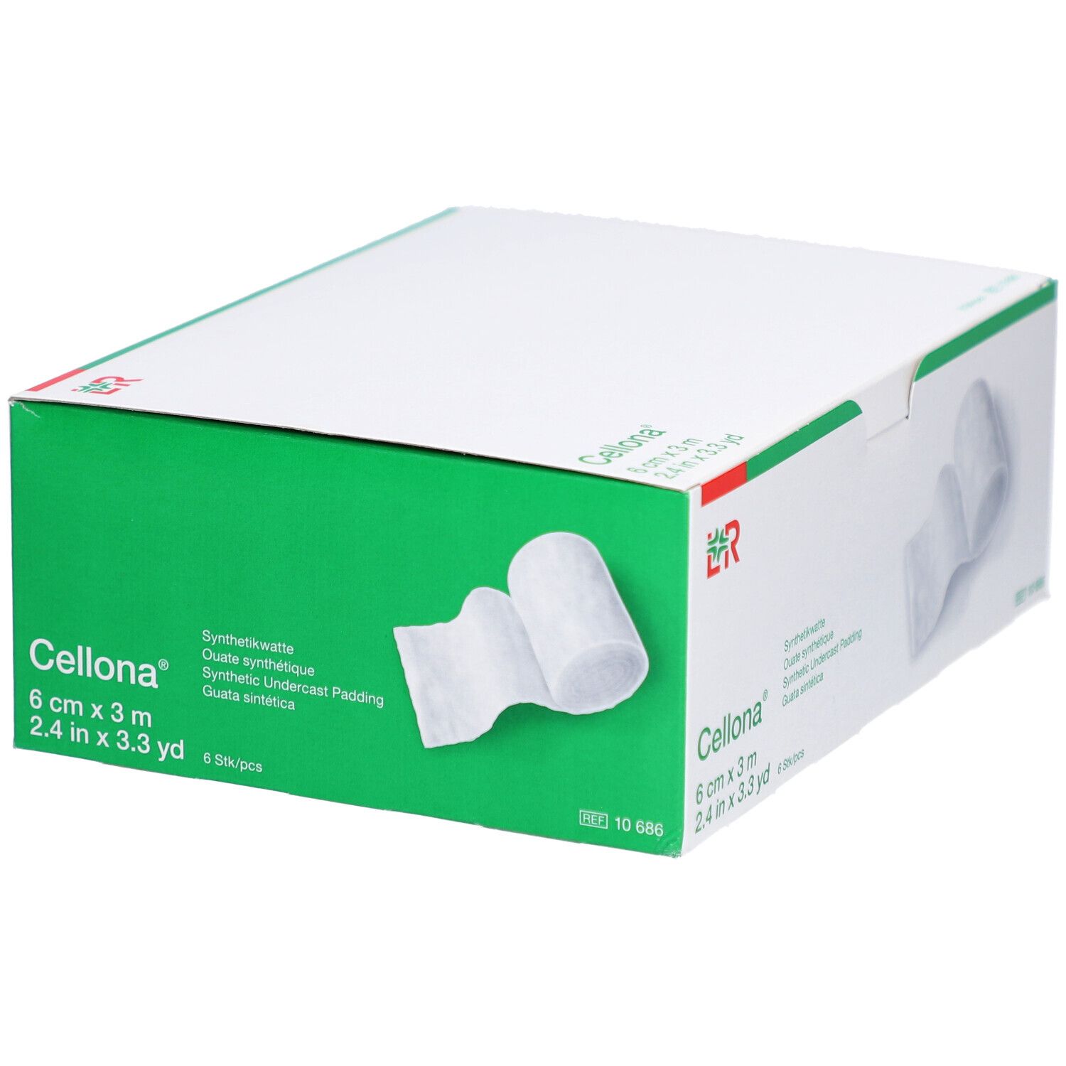 Cellona ouate synthétique, 6 cm x 3 m, en boîte. Rouleau de ouate à côté de la boîte. Emballage vert et blanc avec logo.