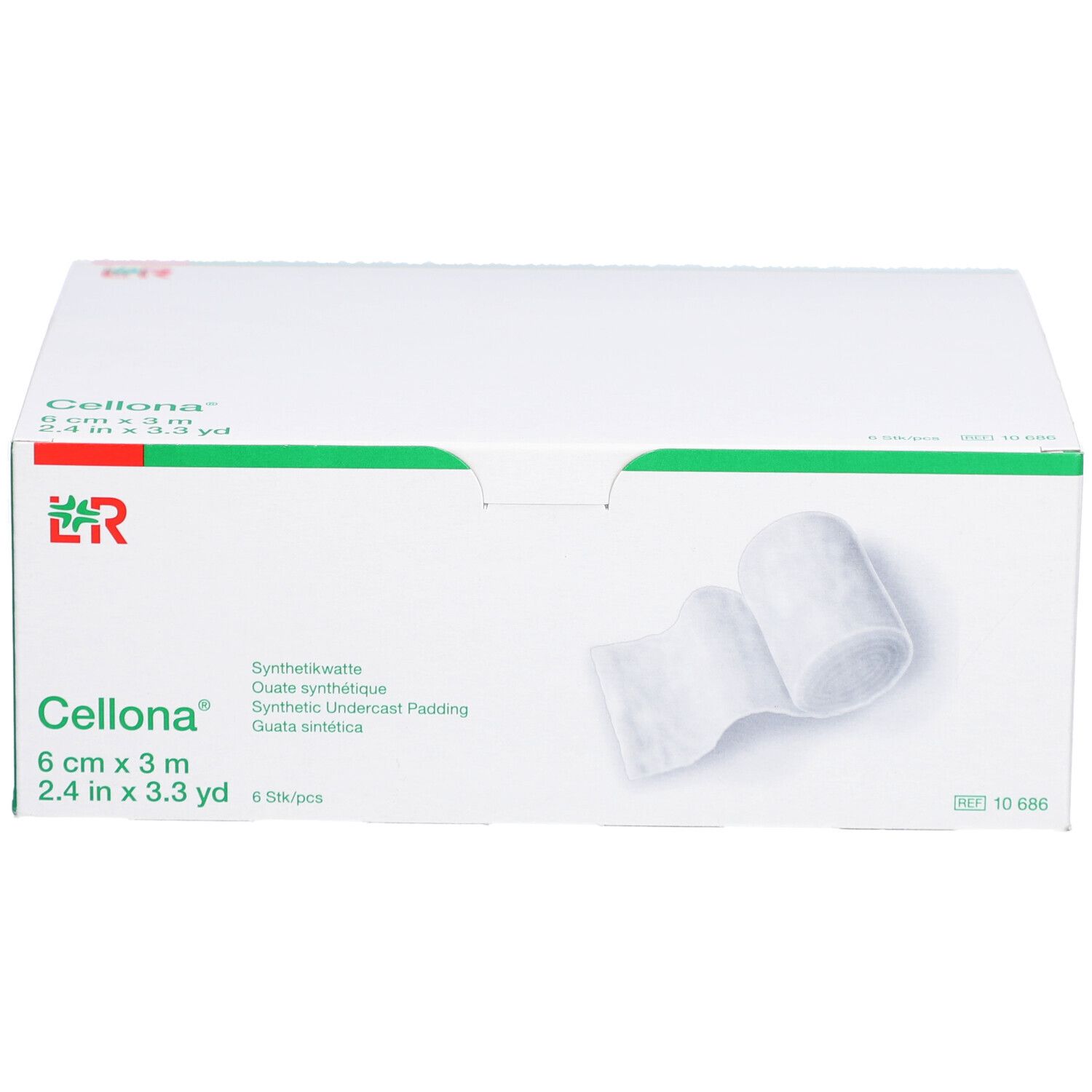 Cellona ouate synthétique, 6 cm x 3 m, en boîte. Rouleau de ouate à côté de la boîte. Emballage vert et blanc avec logo.