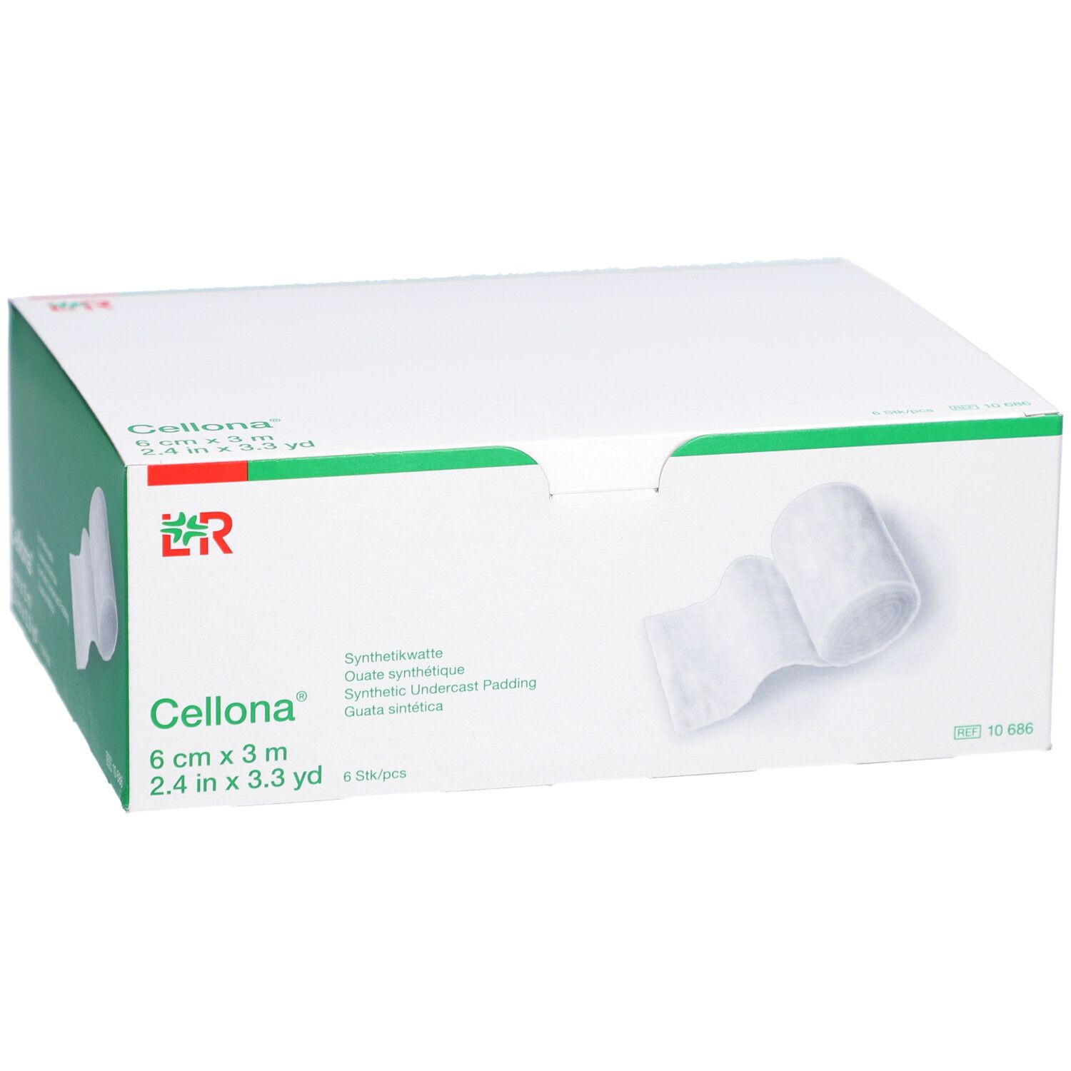 Cellona ouate synthétique, 6 cm x 3 m, en boîte. Rouleau de ouate à côté de la boîte. Emballage vert et blanc avec logo.