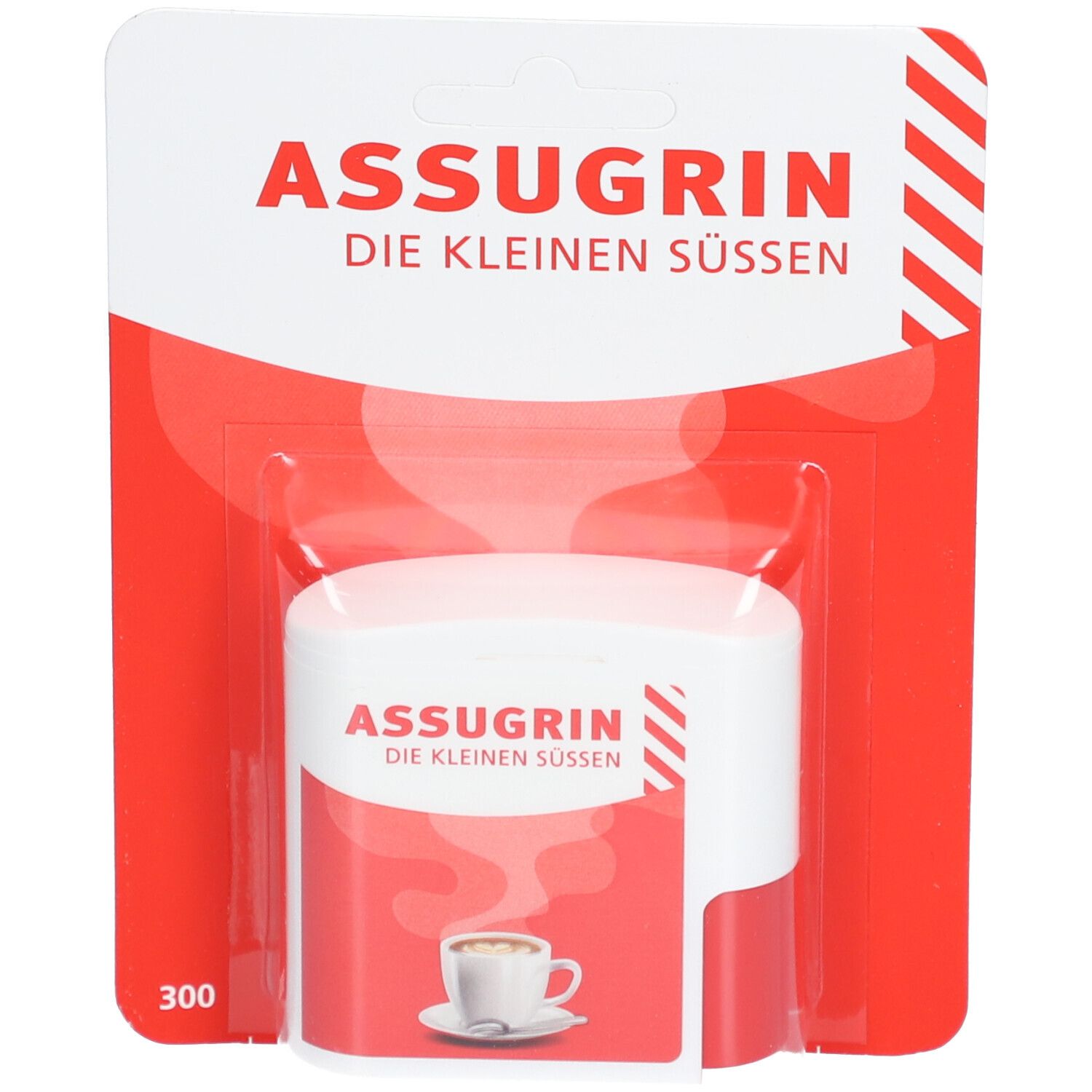 ASSUGRIN Tabletten in Blisterverpackung. Rote und weiße Verpackung mit Produktnamen und Logo. 300 Tabletten.