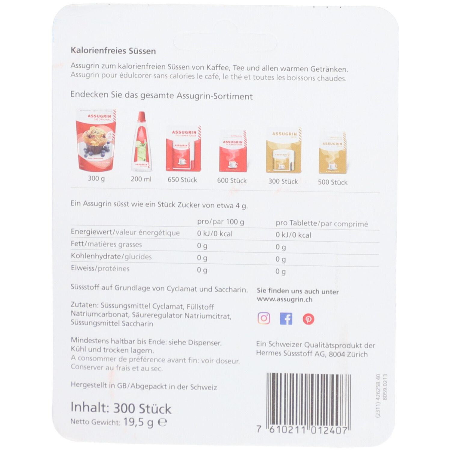 Rückseite der ASSUGRIN-Verpackung. Textinformationen, Produktabbildungen, Inhaltsstoffe und Herstellerangaben. 300 Stück.