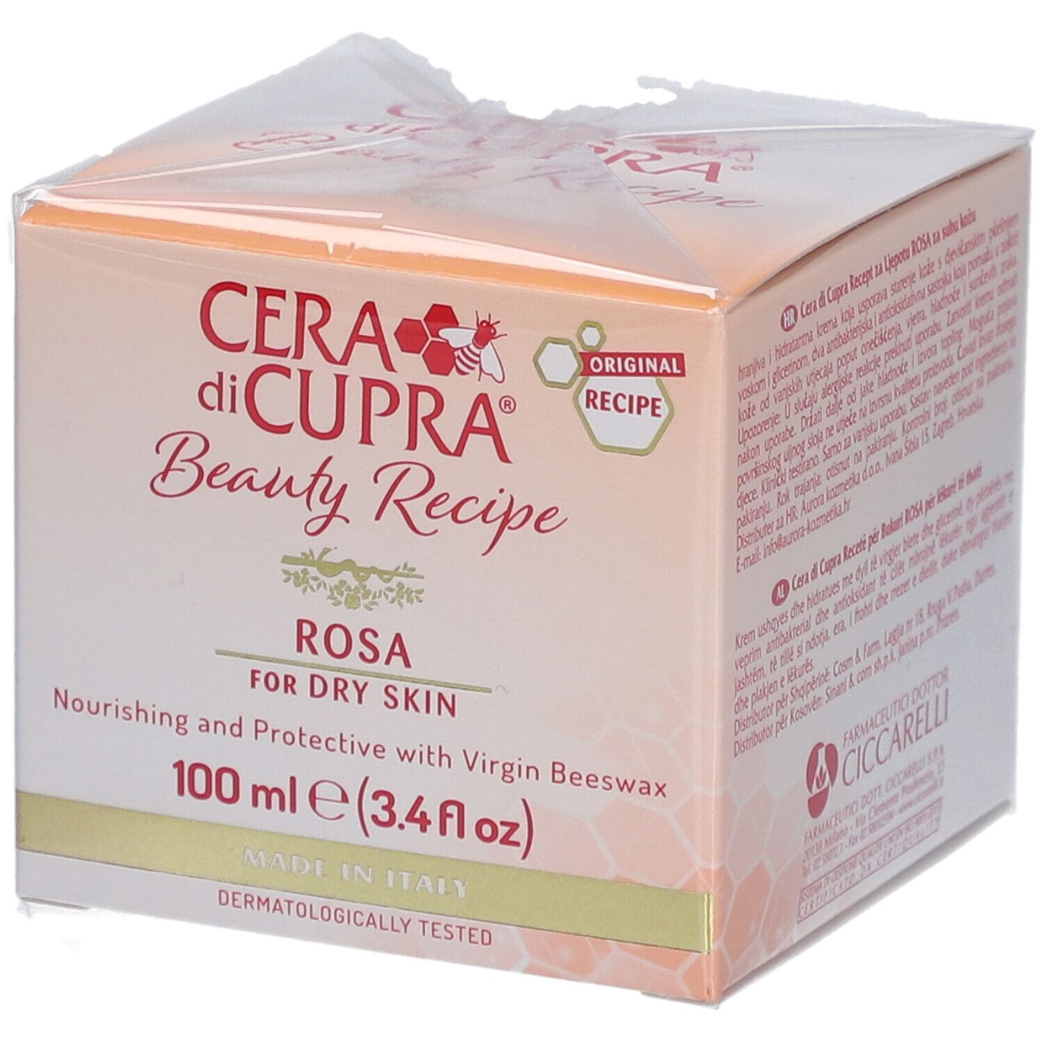 Boîte de crème CERA di CUPRA. Rosa pour peau sèche. Cire d'abeille. 100 ml. Fabriqué en Italie. Testé dermatologiquement.