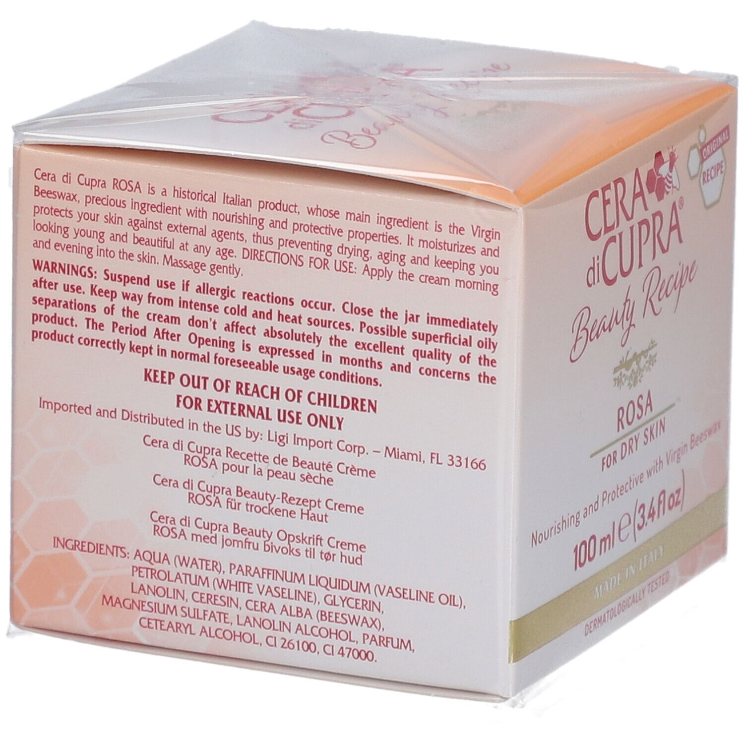 Dos de la boîte de crème. Texte multilingue. Ingrédients. CERA di CUPRA. Rosa pour peau sèche. 100 ml.
