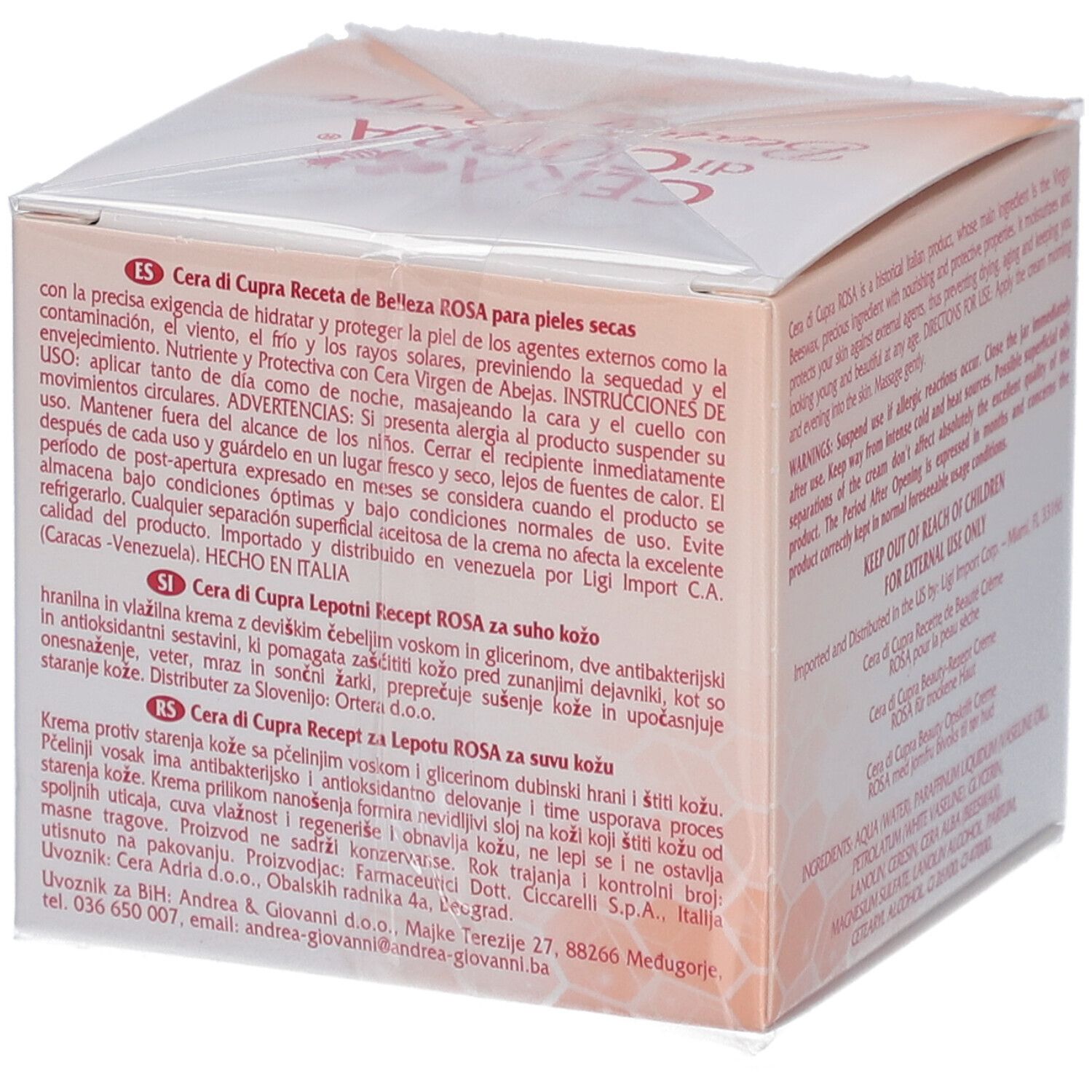 Côté de la boîte de crème. Texte multilingue. CERA di CUPRA. Rosa pour peau sèche. Fabriqué en Italie.
