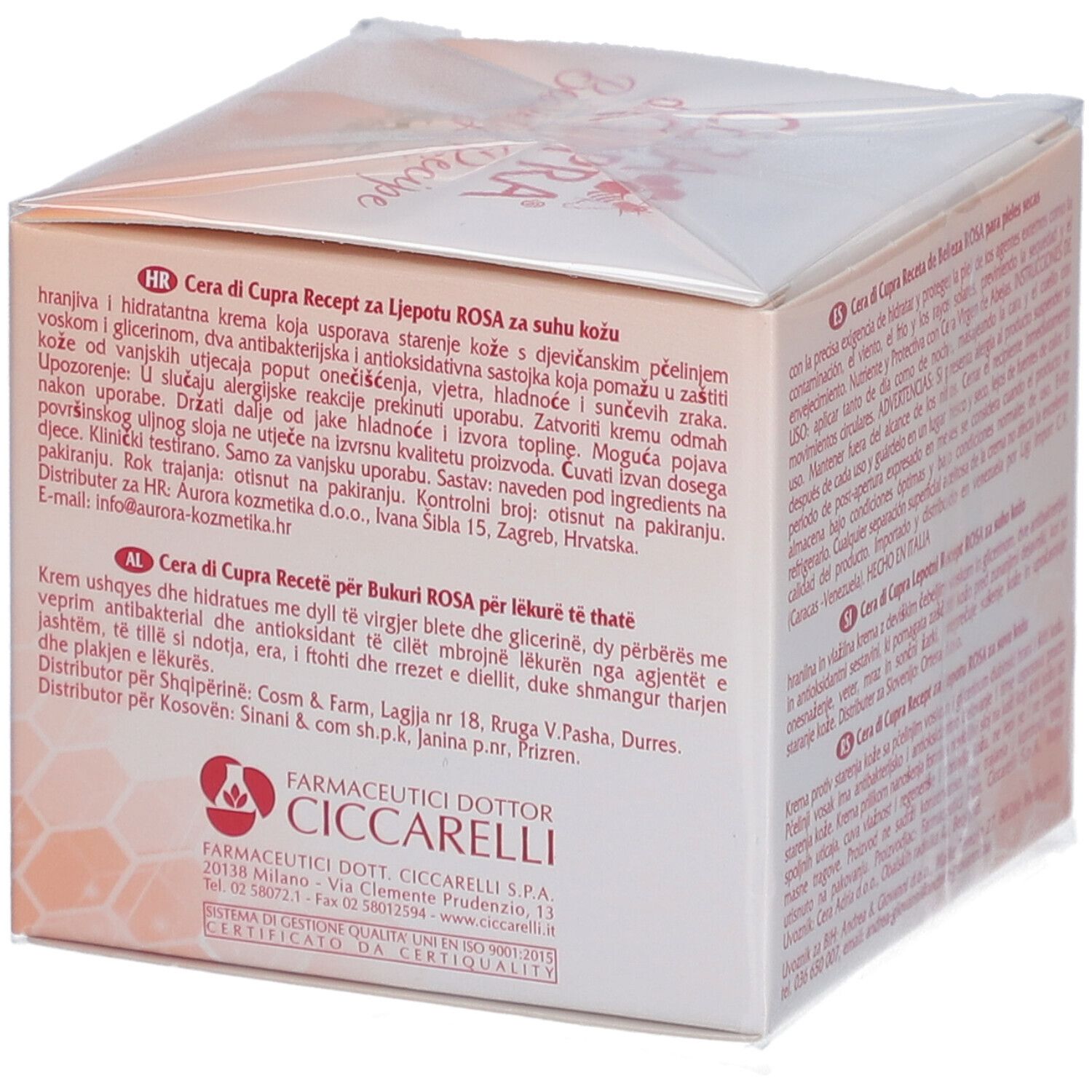 Côté de la boîte de crème. Texte multilingue. CERA di CUPRA. Rosa pour peau sèche. Testé dermatologiquement.