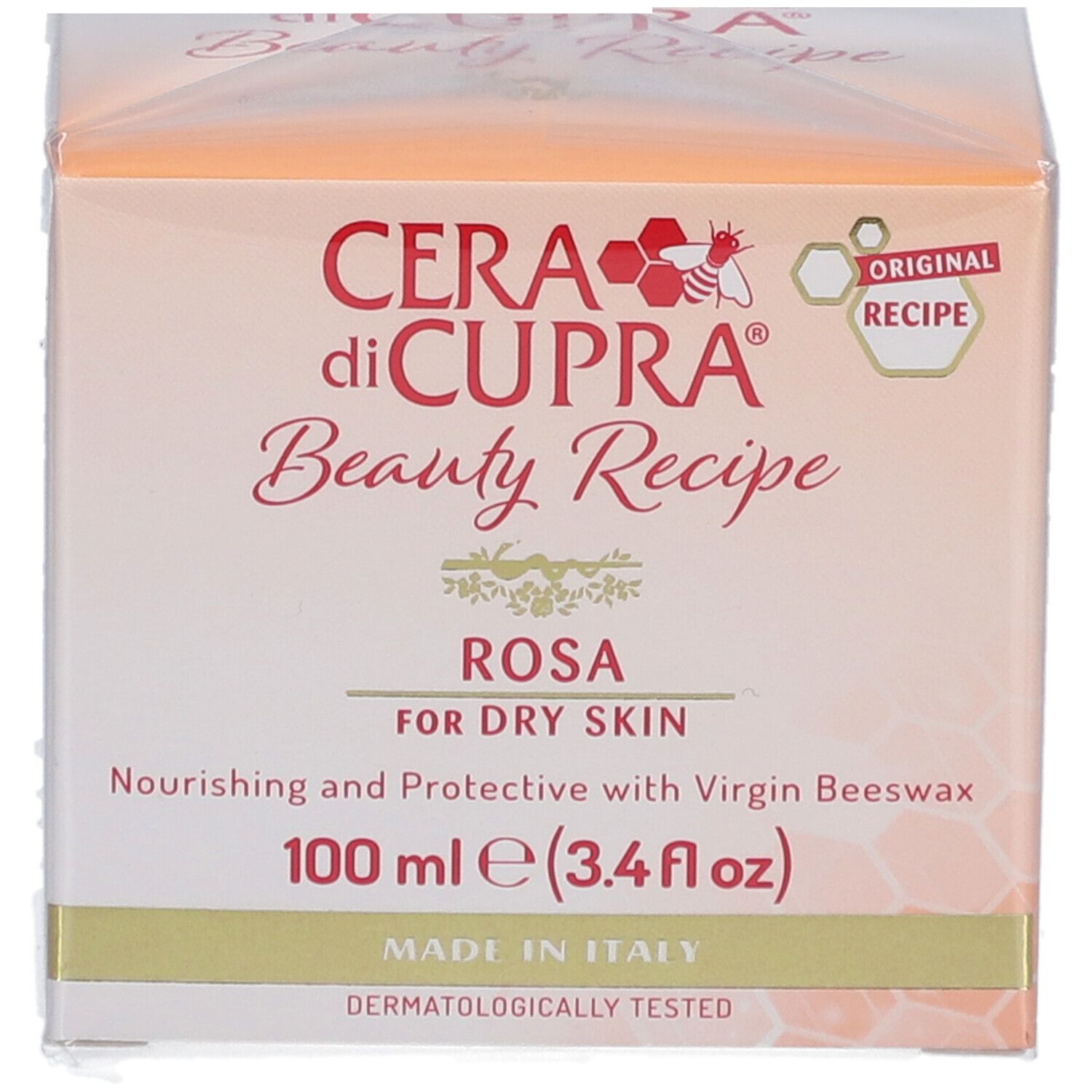 Face de la boîte de crème. CERA di CUPRA. Rosa pour peau sèche. 100 ml. Fabriqué en Italie. Testé dermatologiquement.