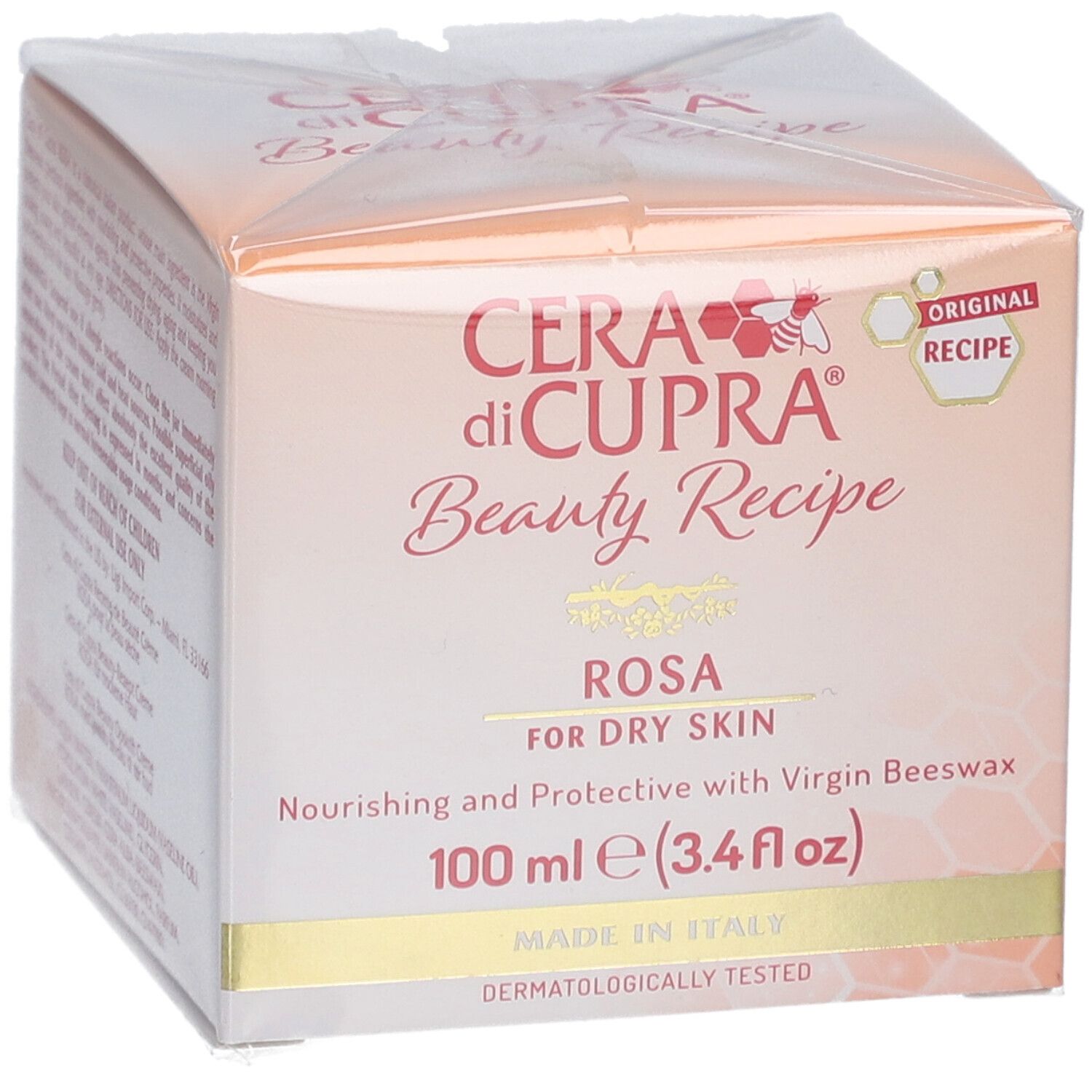Vue en biais de la boîte de crème. CERA di CUPRA. Rosa pour peau sèche. 100 ml. Fabriqué en Italie. Testé dermatologiquement.