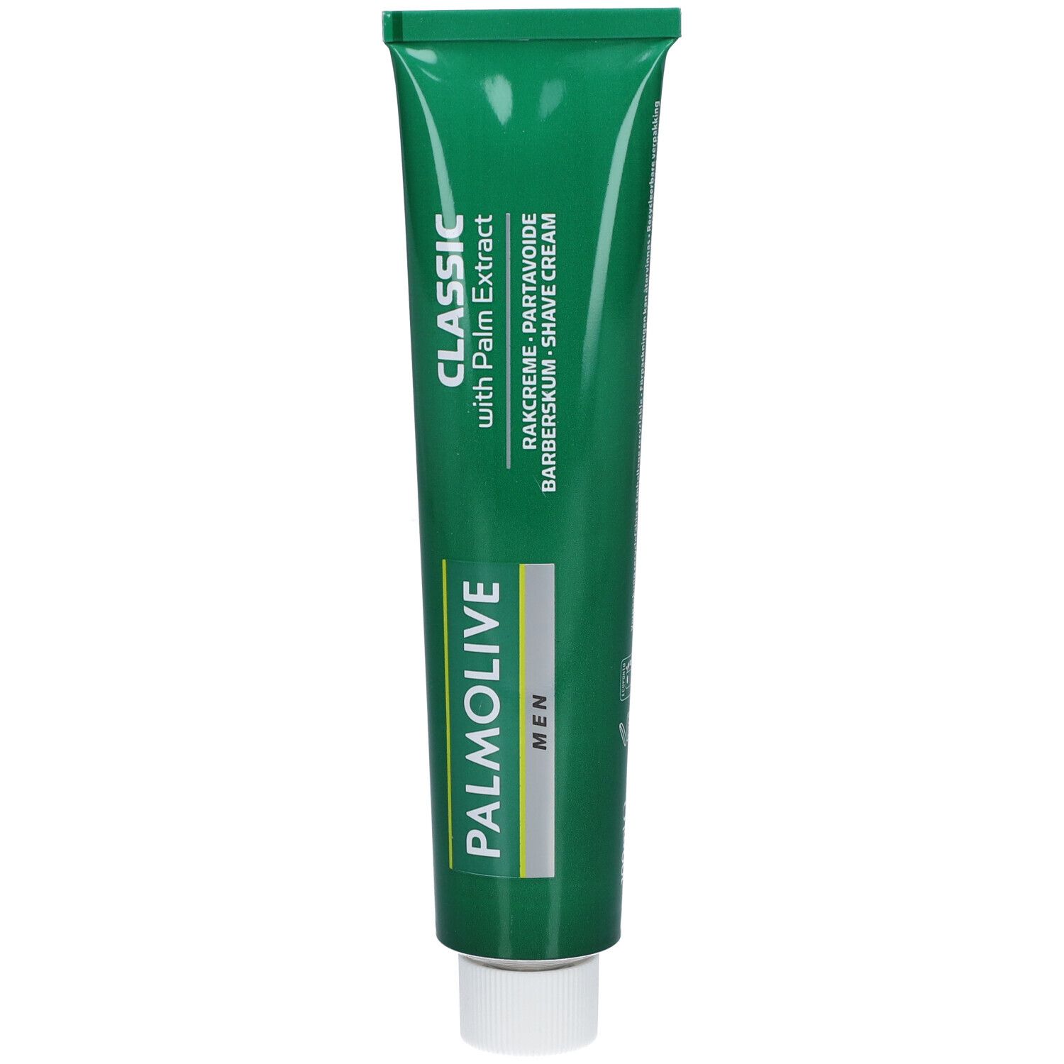 Grüne Tube mit Rasiercreme. Aufschrift: PALMOLIVE MEN, CLASSIC with Palm Extract. Enthält Rasiercreme.