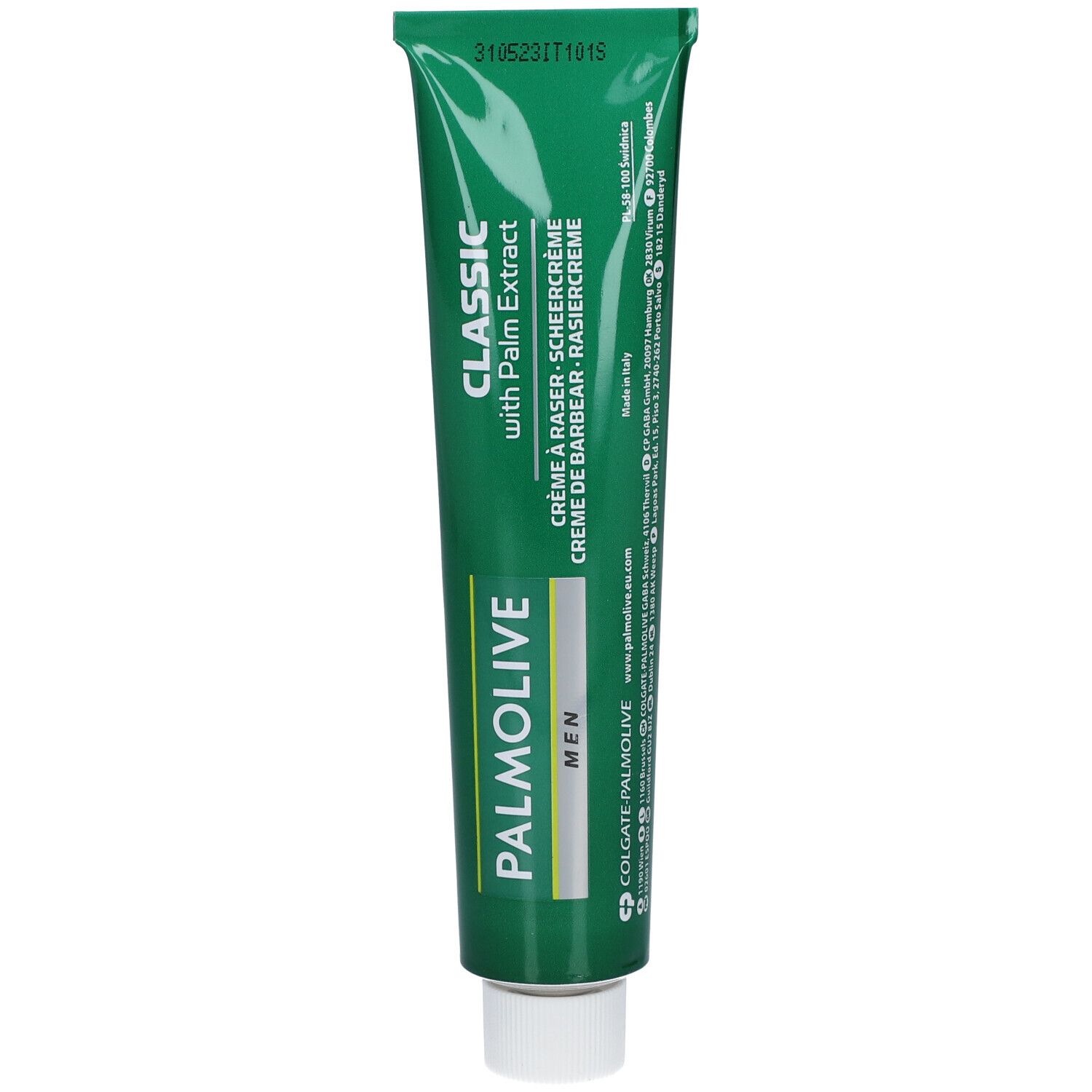 Grüne Tube Rasiercreme. Aufschrift: PALMOLIVE MEN, CLASSIC with Palm Extract. Enthält Rasiercreme. Mit Produktionsdatum.