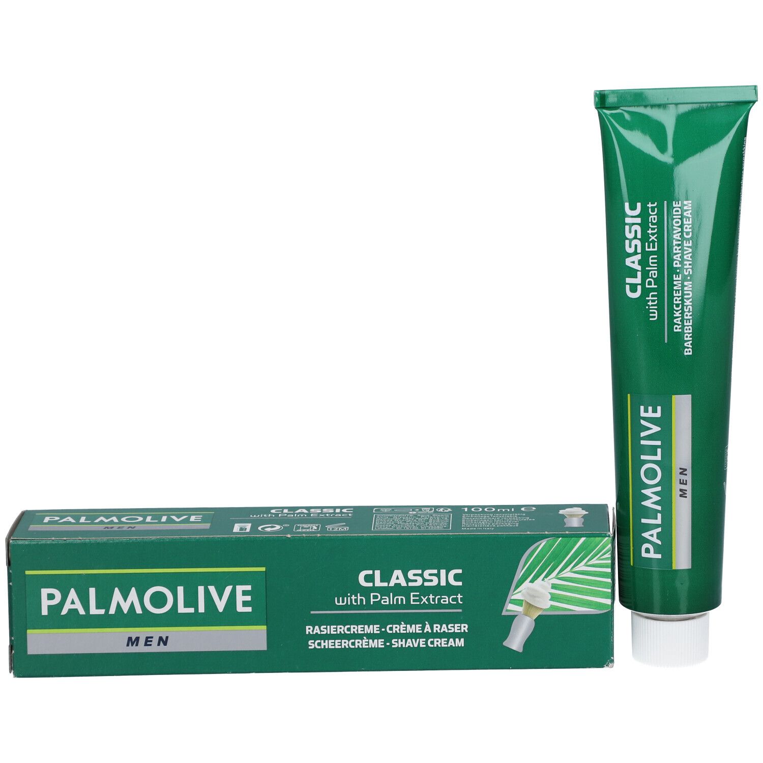Grüne Tube und Schachtel Rasiercreme. Aufschrift: PALMOLIVE MEN, CLASSIC with Palm Extract. Enthält Rasiercreme.