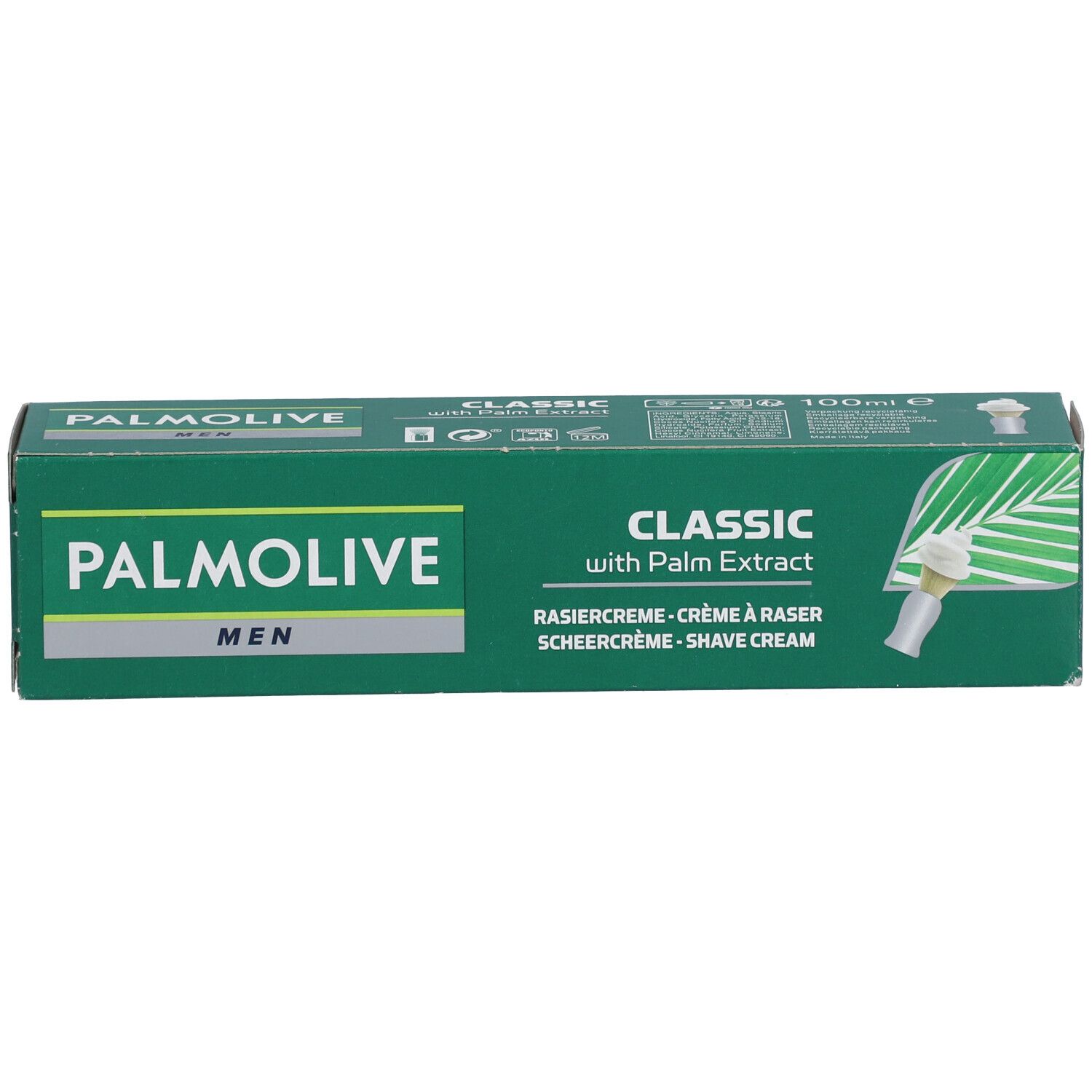 Grüne Schachtel Rasiercreme. Aufschrift: PALMOLIVE MEN, CLASSIC with Palm Extract. Enthält Rasiercreme. 100ml.