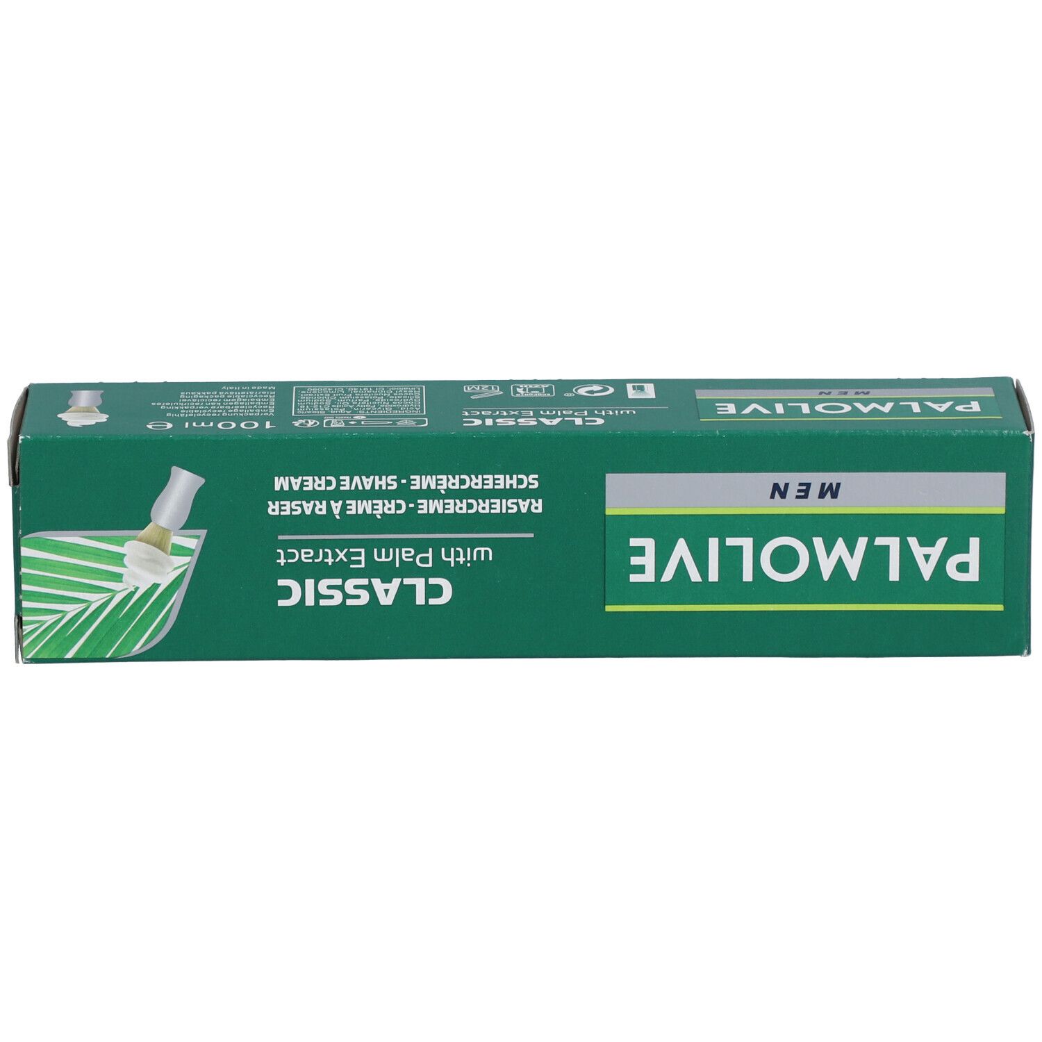 Grüne Schachtel Rasiercreme. Aufschrift: PALMOLIVE MEN, CLASSIC with Palm Extract. Enthält Rasiercreme. 100ml.