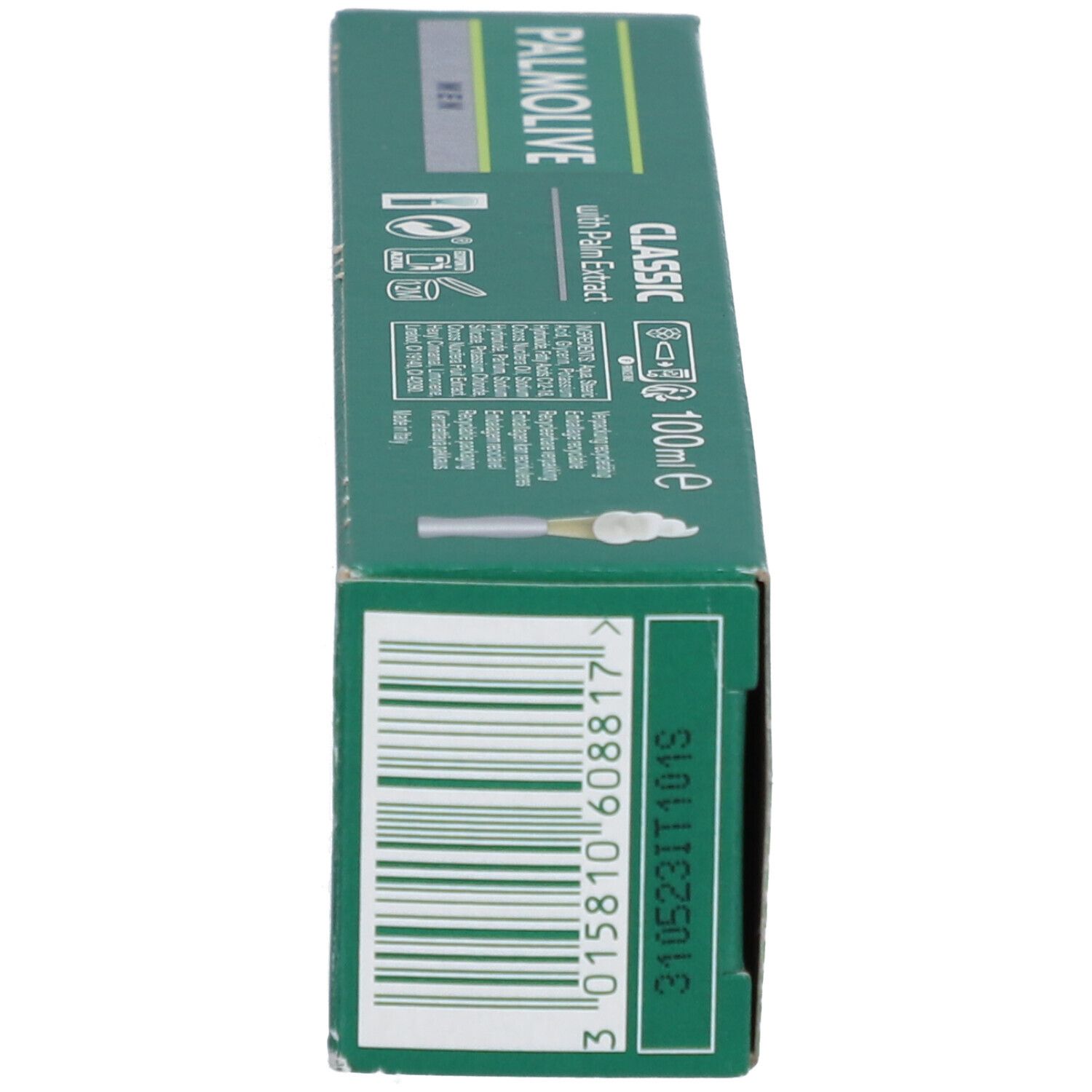 Grüne Schachtel Rasiercreme. Aufschrift: PALMOLIVE MEN, CLASSIC with Palm Extract. Enthält Rasiercreme. Barcode.