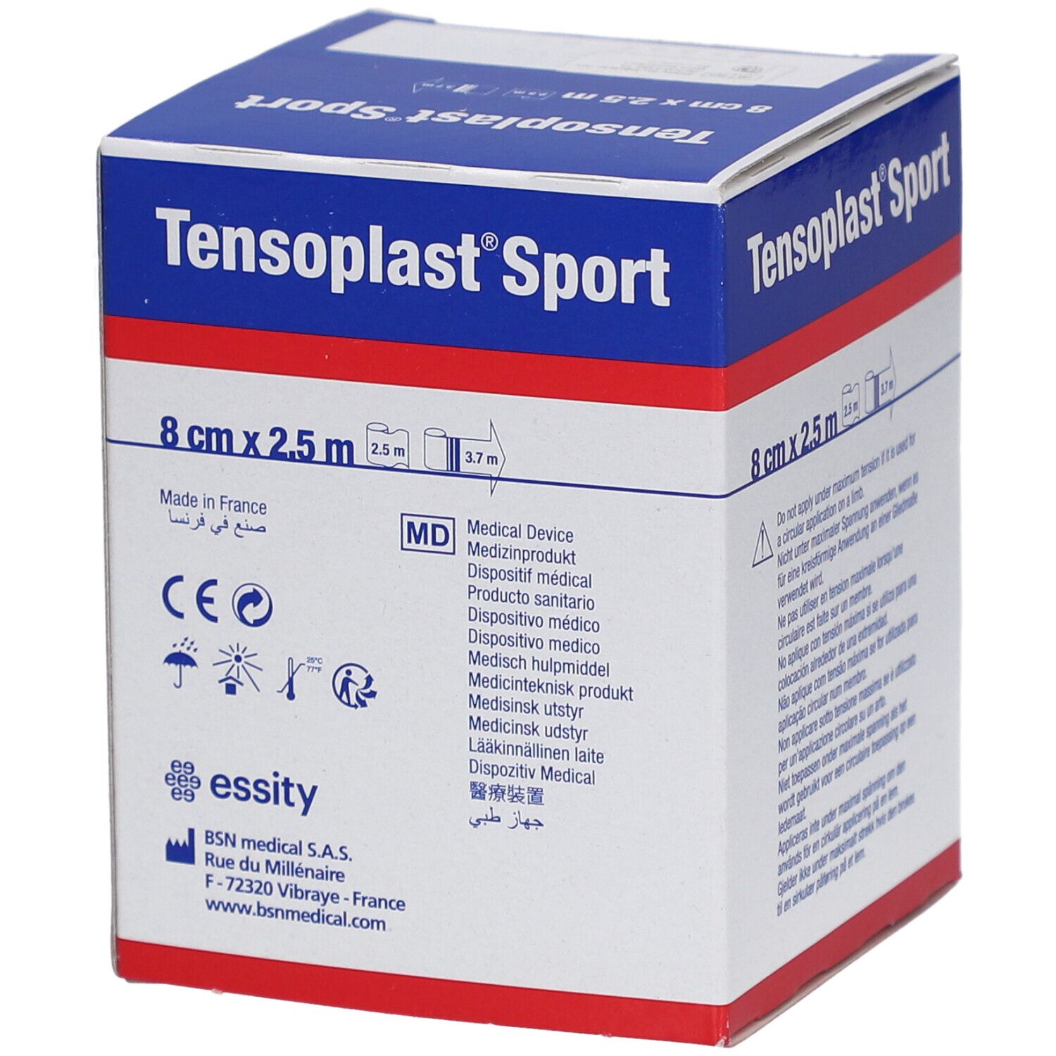 Verpackung von elastischem Klebeband, 8 cm x 2,5 m. Enthält Informationen über das Medizinprodukt und Hersteller.