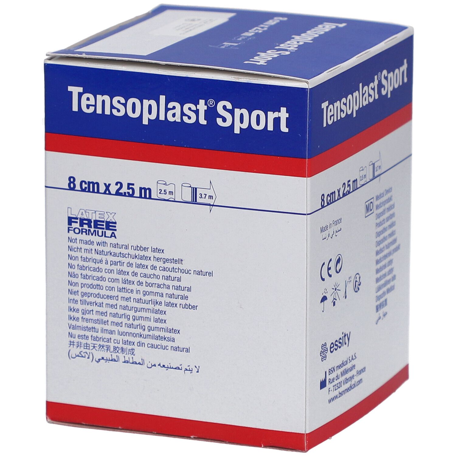 Verpackung von elastischem Klebeband, 8 cm x 2,5 m. Latex-freie Formel. Herstellerinformationen.