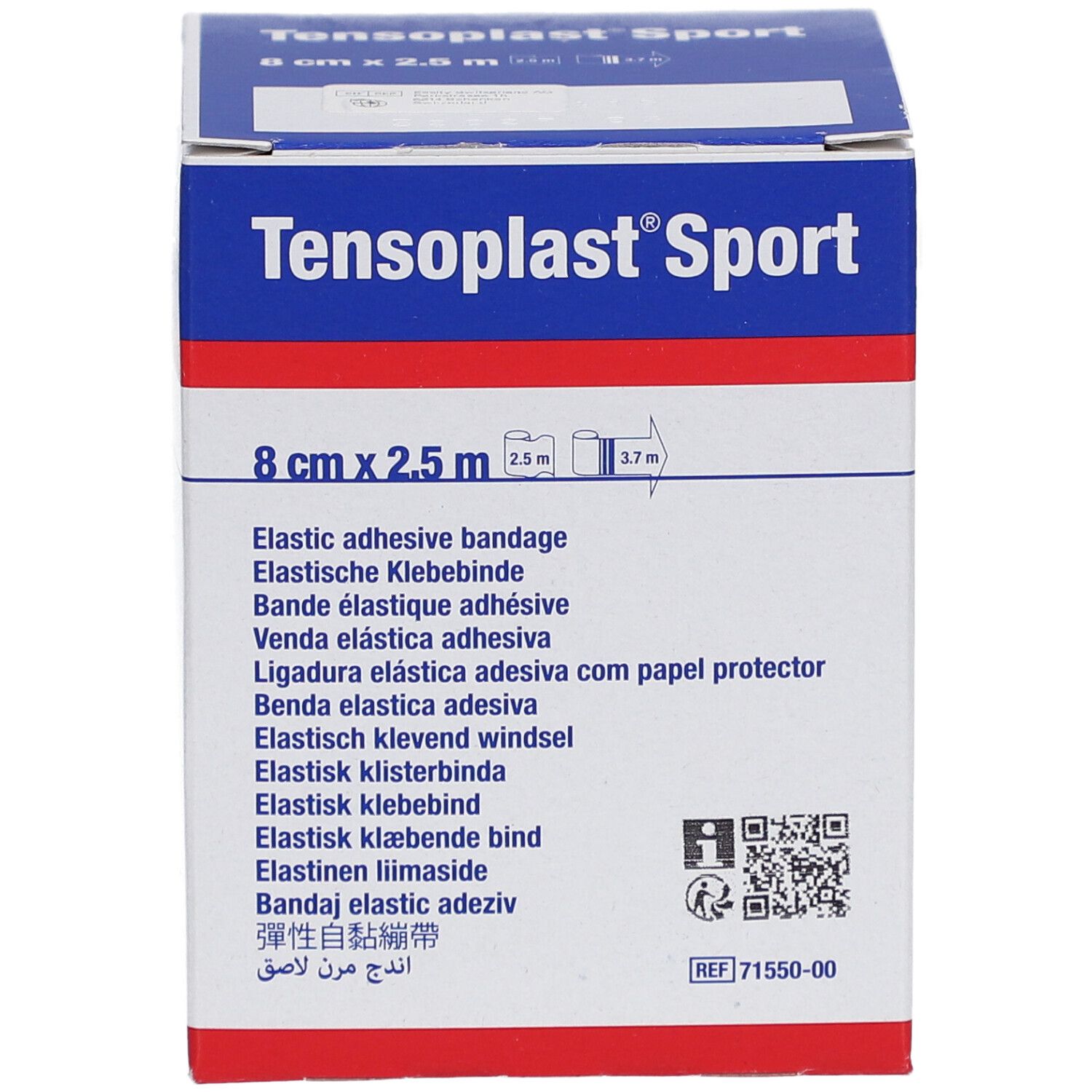 Verpackung von elastischem Klebeband, 8 cm x 2,5 m. Produktname und Größenangabe deutlich sichtbar.