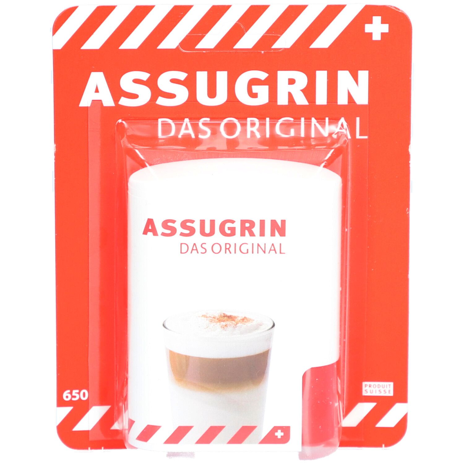 ASSUGRIN Original in Blisterverpackung. Rote Verpackung mit weißer Schrift. Abbildung eines Getränks.