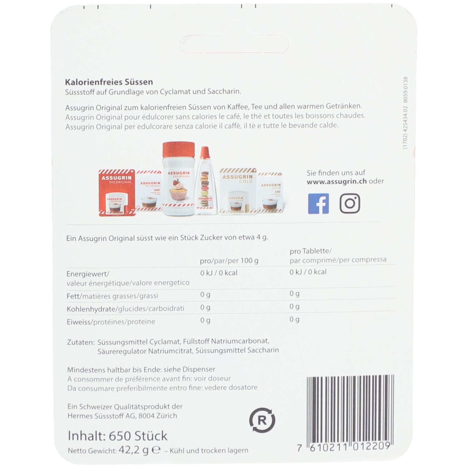 Rückseite der ASSUGRIN Original Verpackung. Text in Deutsch, Französisch und Italienisch. Nährwertangaben.