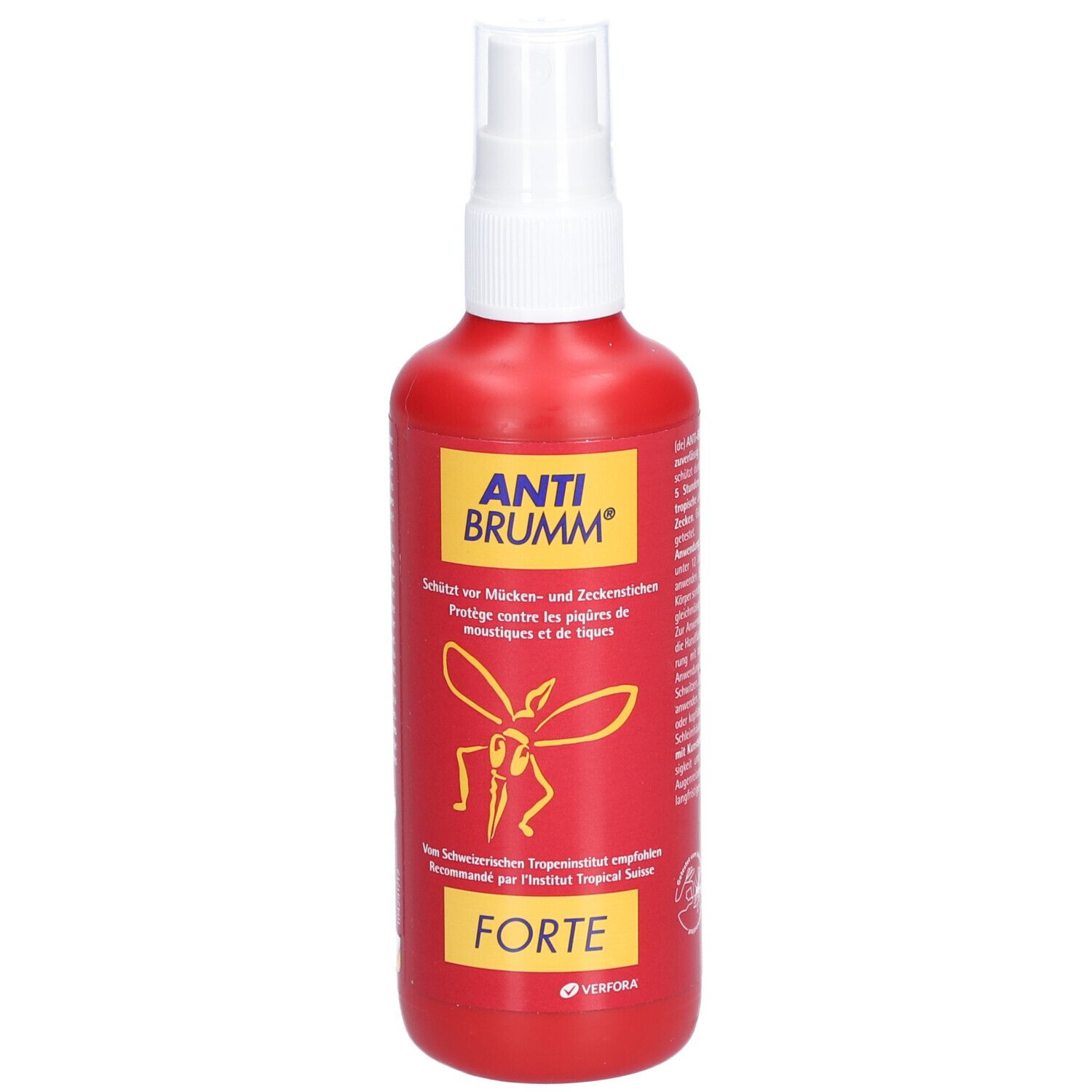 Rote Sprühflasche mit weißem Sprühkopf. Aufschrift ANTI BRUMM® und FORTÉ. Gelbes Logo mit Insekt.
