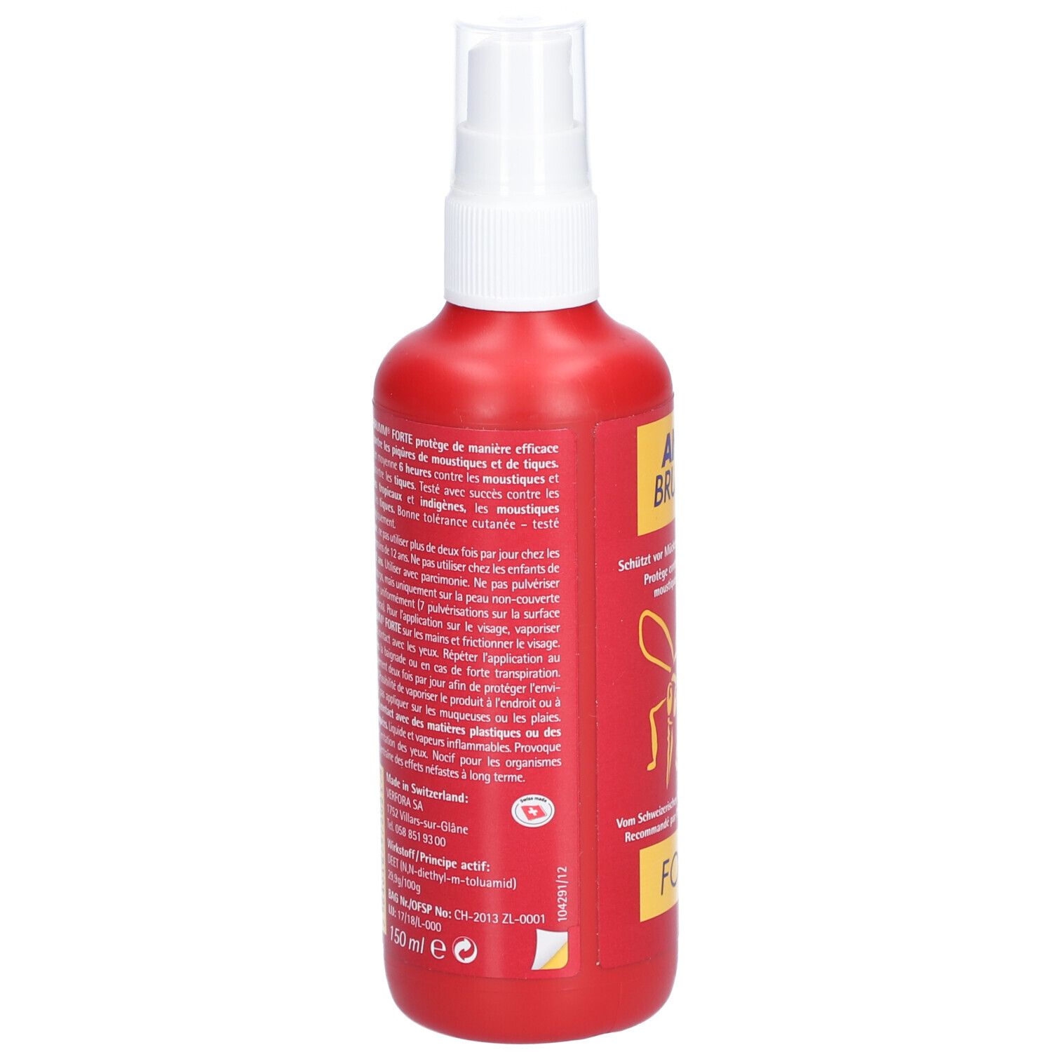 Rote Sprühflasche, Rückseite mit Text. Weißer Sprühkopf. Gelbe Schrift und Logos. Text in mehreren Sprachen.
