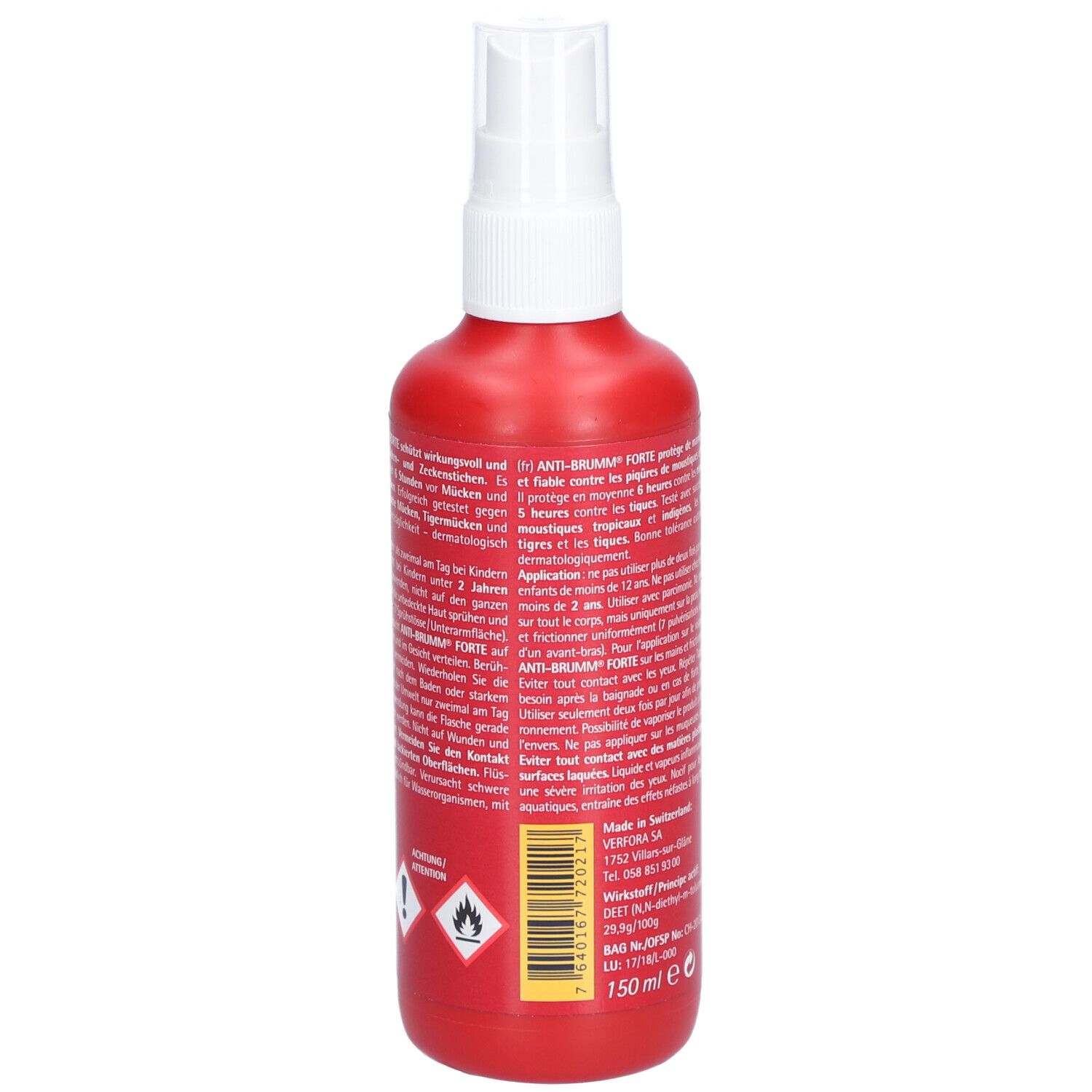 Rote Sprühflasche, Rückseite mit Text. Weißer Sprühkopf. Gelbe Schrift und Logos. Warnhinweise und Mengenangabe.