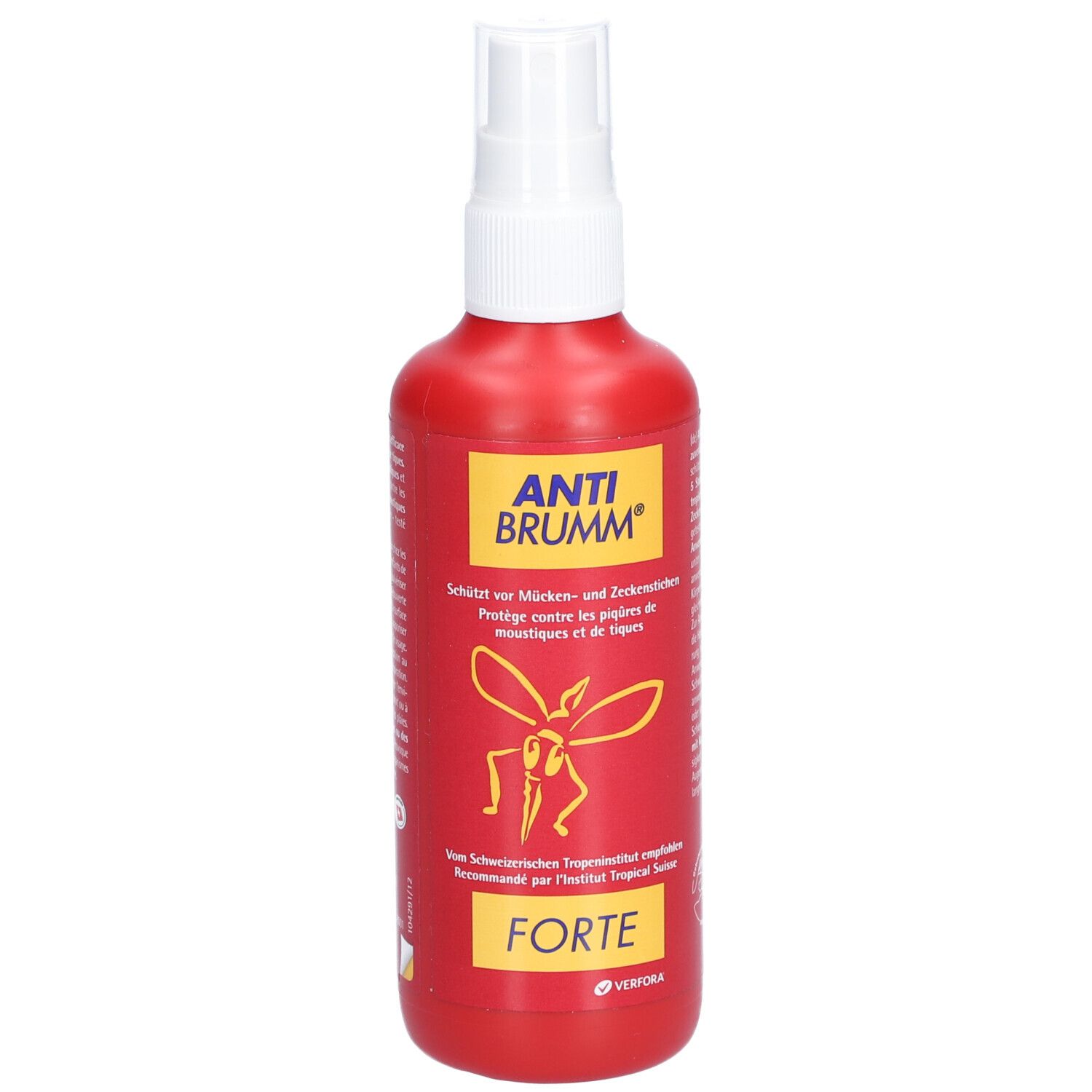Rote Sprühflasche mit weißem Sprühkopf. Aufschrift ANTI BRUMM® und FORTÉ. Gelbes Logo mit Insekt.