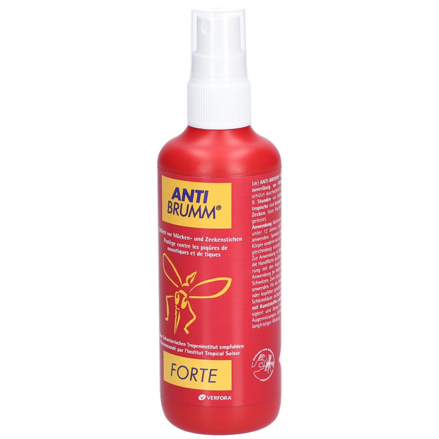 Rote Sprühflasche mit weißem Sprühkopf. Aufschrift ANTI BRUMM® und FORTÉ. Gelbes Logo mit Insekt.
