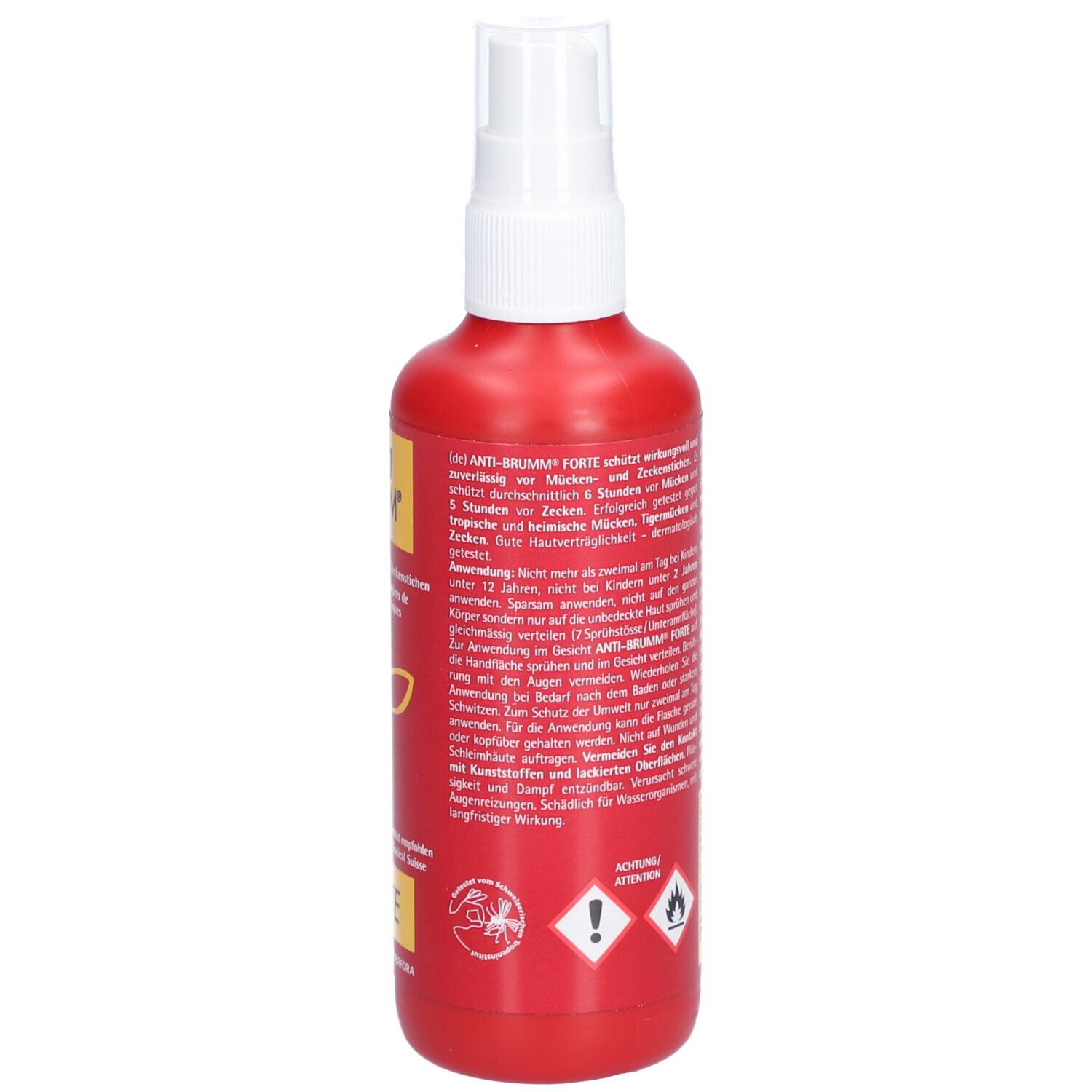 Rote Sprühflasche, Rückseite mit Text. Weißer Sprühkopf. Gelbe Schrift und Logos. Warnhinweise und Text.