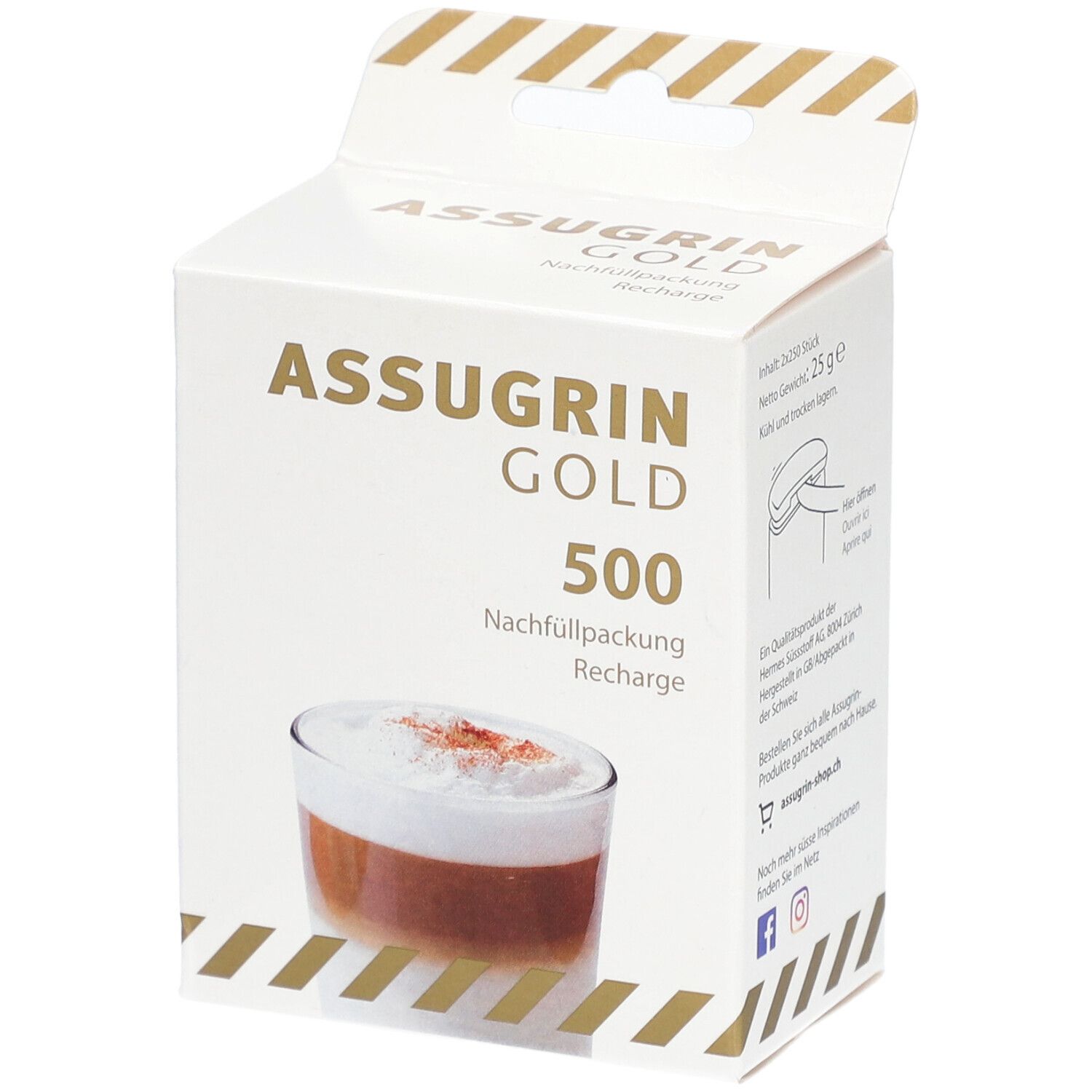 Weiße Kartonverpackung mit ASSUGRIN GOLD-Logo und Produktabbildung. Aufdruck: 500 Nachfüllpackung.