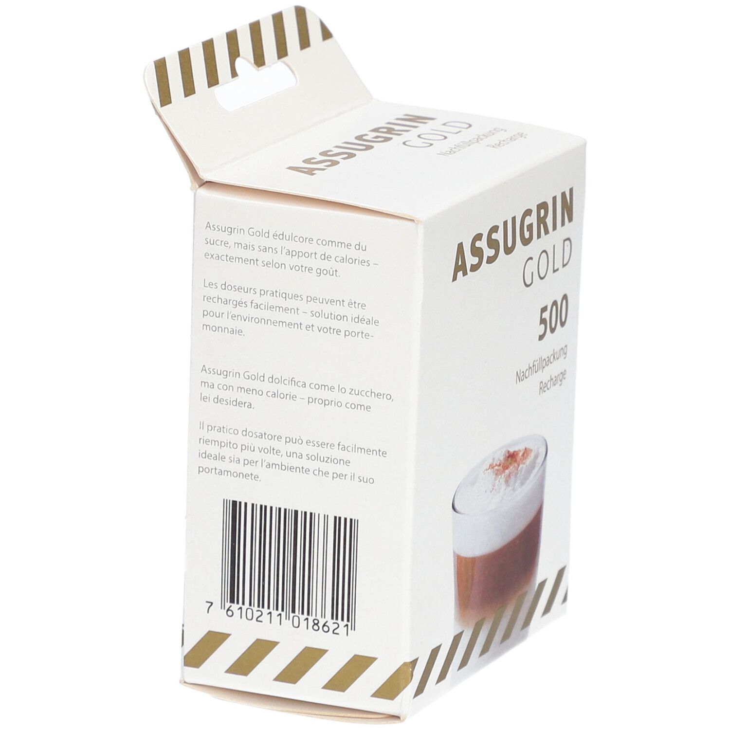 Kartonverpackung mit ASSUGRIN GOLD-Logo und Produktabbildung. Text in Deutsch, Französisch, Italienisch. Barcode.