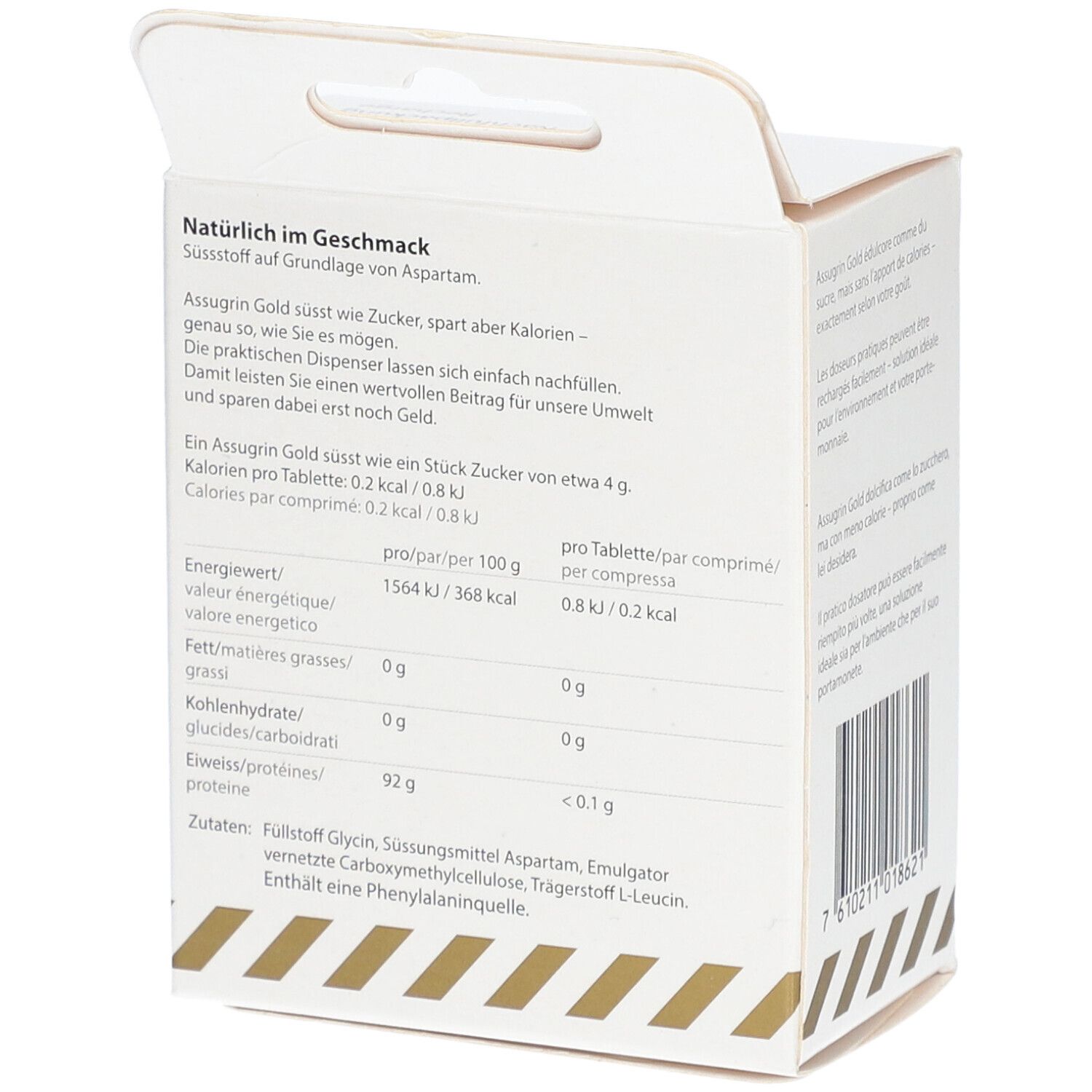 Rückseite der Kartonverpackung mit Nährwertangaben und Zutatenliste. Text in Deutsch und Französisch.