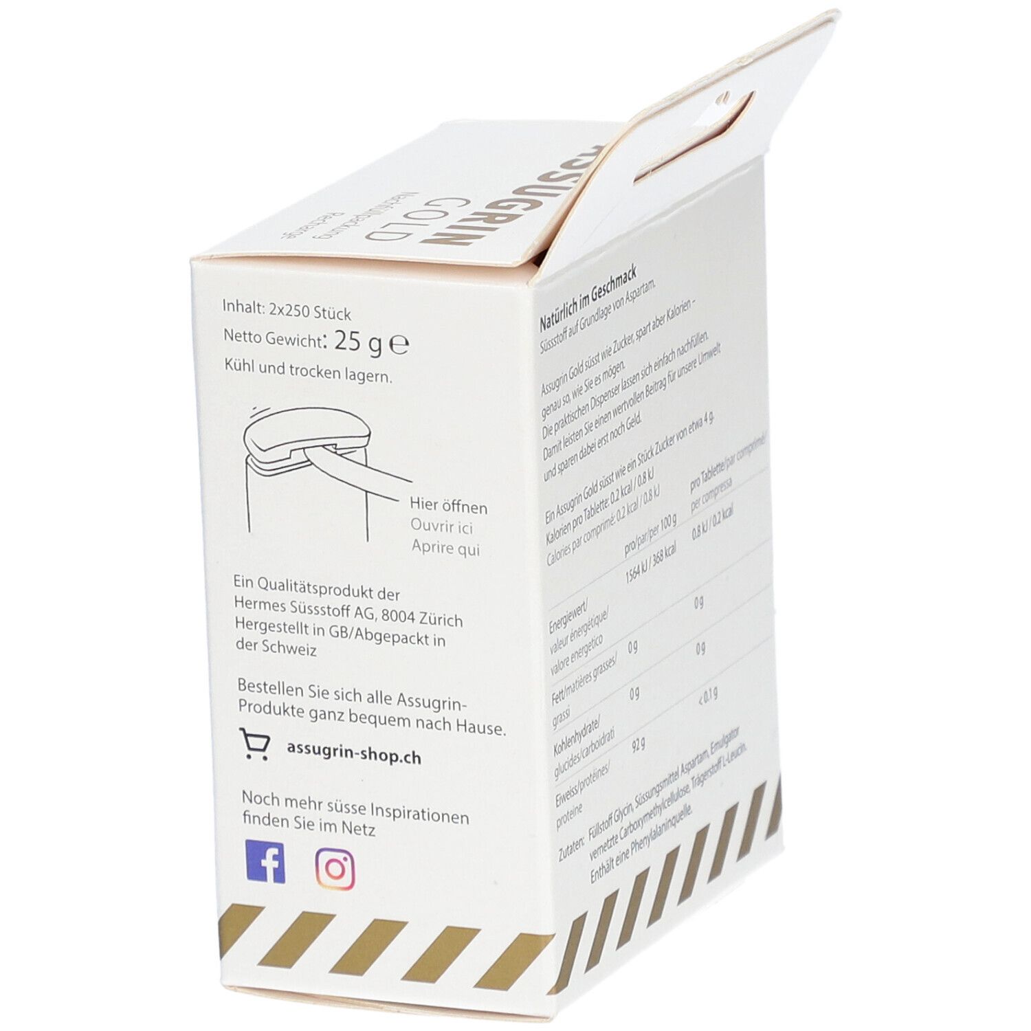 Kartonverpackung mit Logo und Text. Enthält 2x250 Stück. Nettogewicht: 25 g. Text in Deutsch.