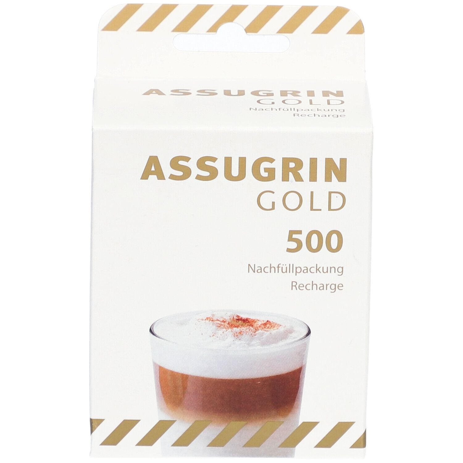 Weiße Kartonverpackung mit ASSUGRIN GOLD-Logo und Produktabbildung. Aufdruck: 500 Nachfüllpackung.