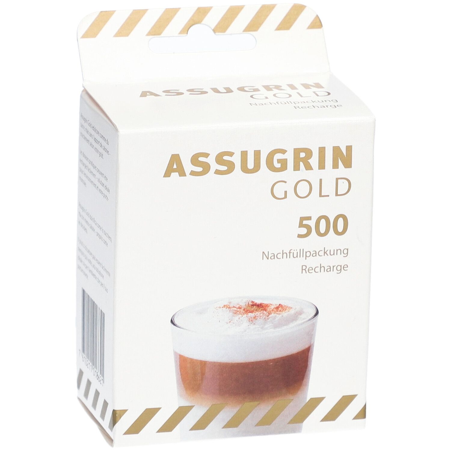 Weiße Kartonverpackung mit ASSUGRIN GOLD-Logo und Produktabbildung. Aufdruck: 500 Nachfüllpackung.