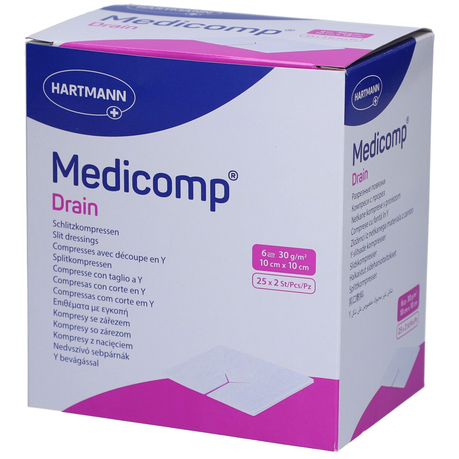 Verpackung von Medicomp Drain Kompressen. 10 x 10 cm, 6 Stück. Mit Hartmann Logo. Weiße Kompresse sichtbar.