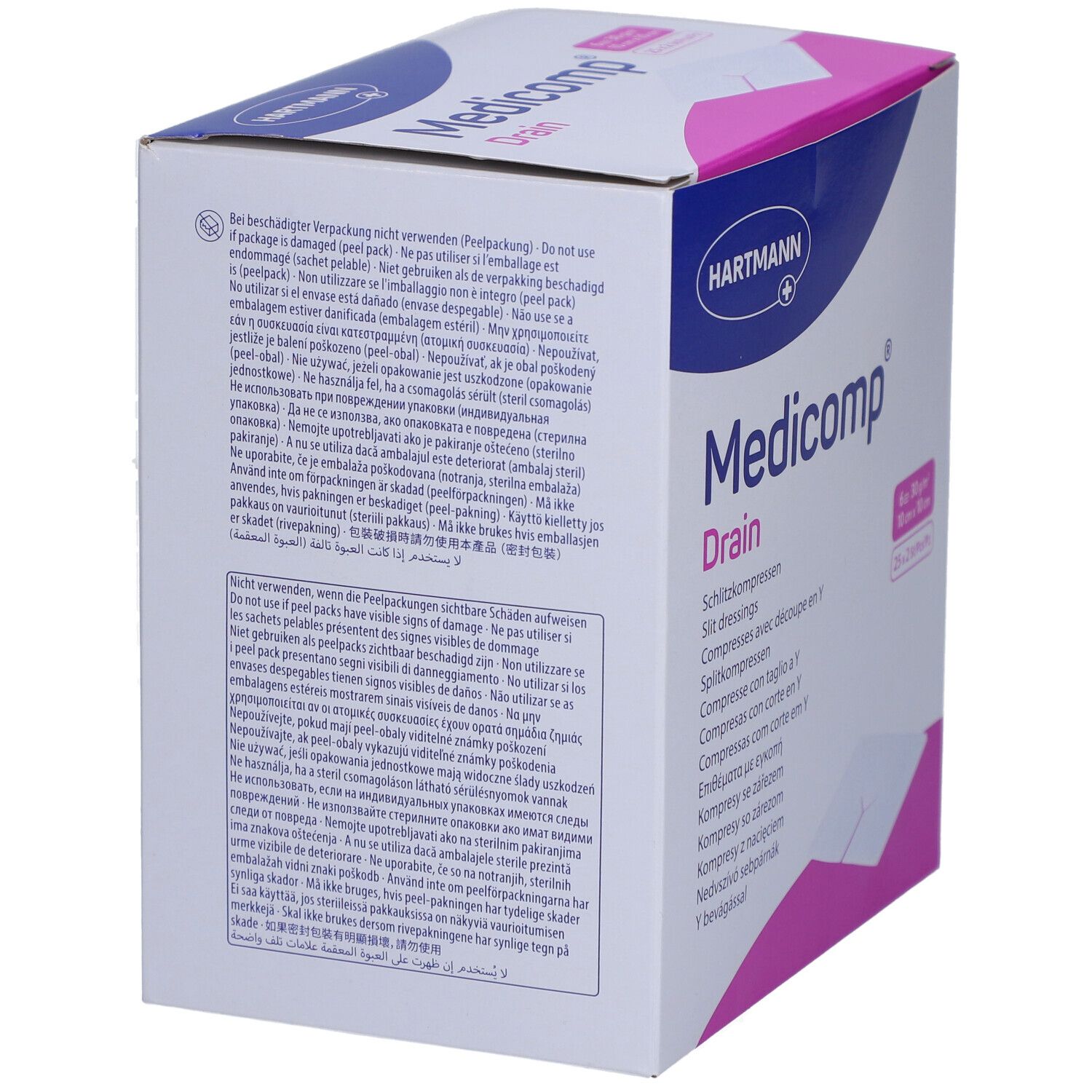 Verpackung von Medicomp Drain. Text in mehreren Sprachen. Hartmann Logo. Rosa und weiße Akzente.