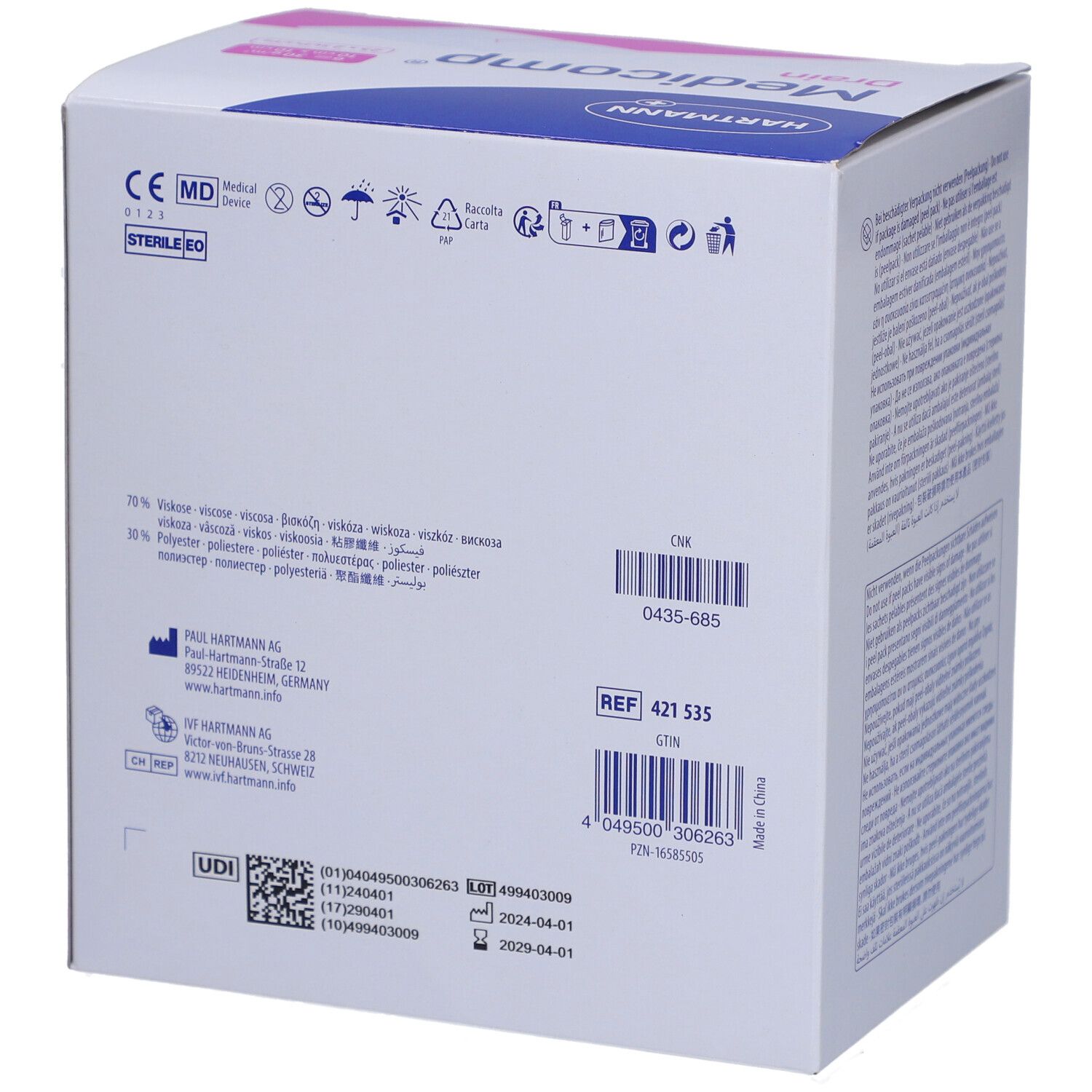 Rückseite der Medicomp Drain Verpackung. Barcodes, UDI-Code, Herstellerinformationen. CE-Kennzeichnung.