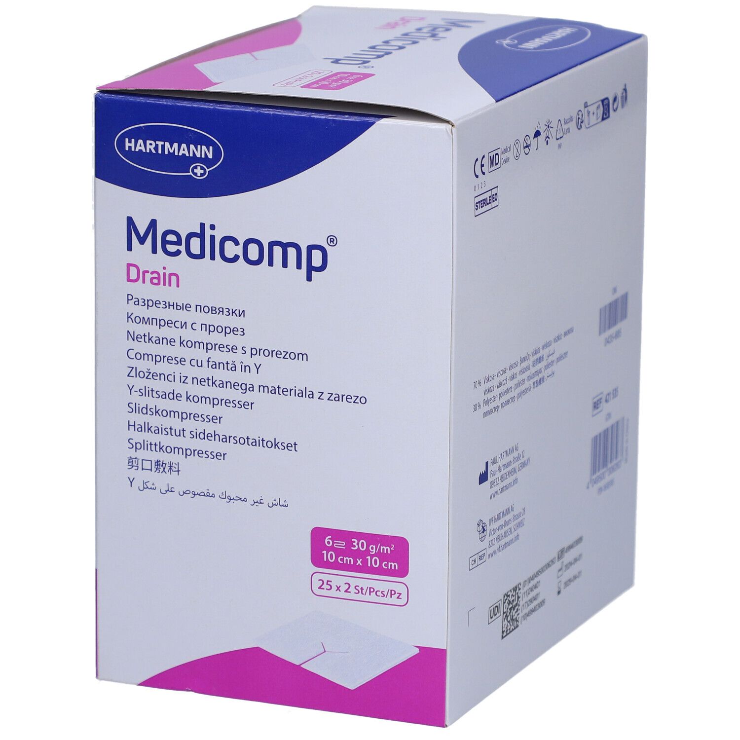 Medicomp Drain Verpackung. Mehrsprachiger Text. Hartmann Logo. Weiße Kompresse mit Y-Schnitt.