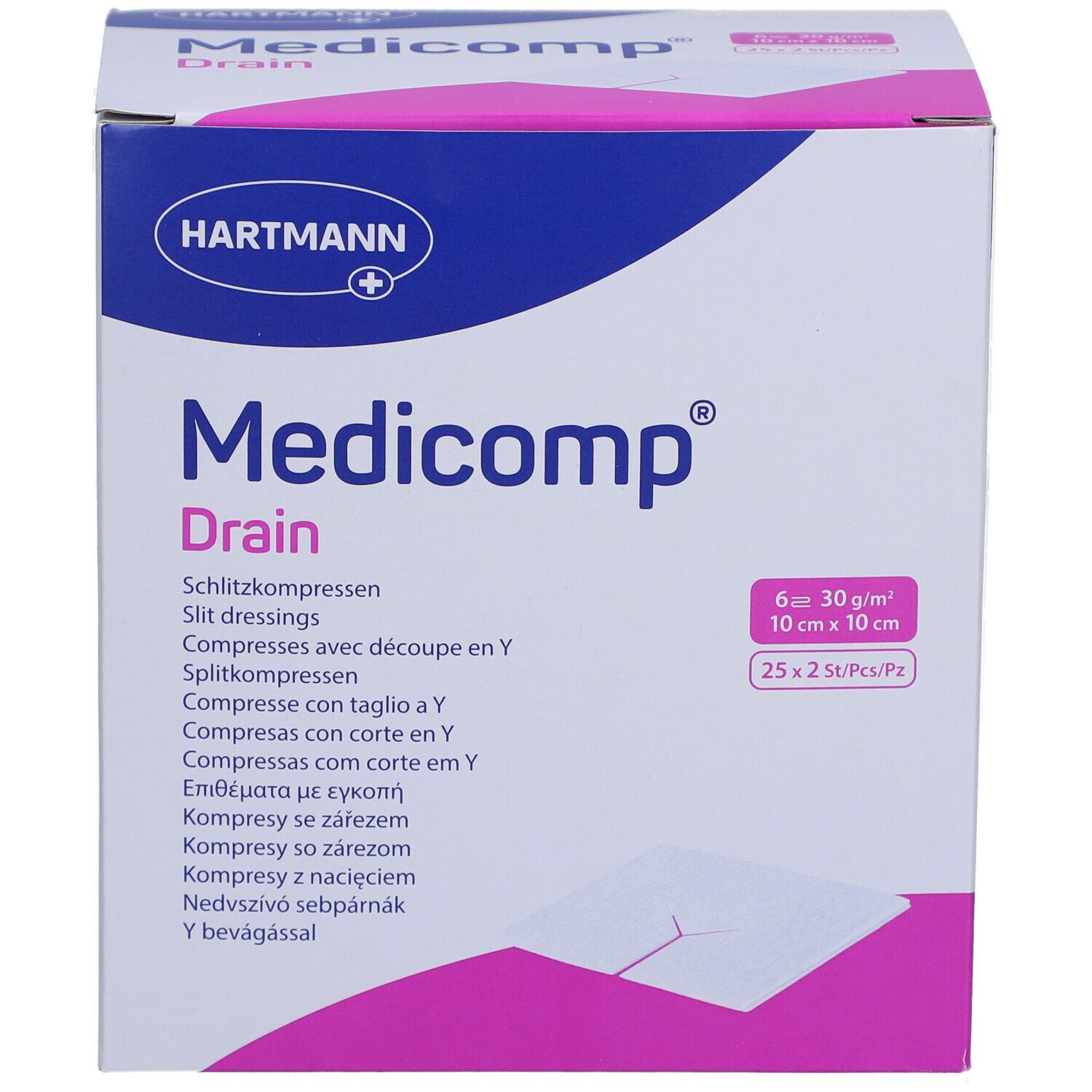 Medicomp Drain Verpackung. Hartmann Logo. 6 Kompressen, 10 x 10 cm. Weiße Kompresse mit Y-Schnitt.