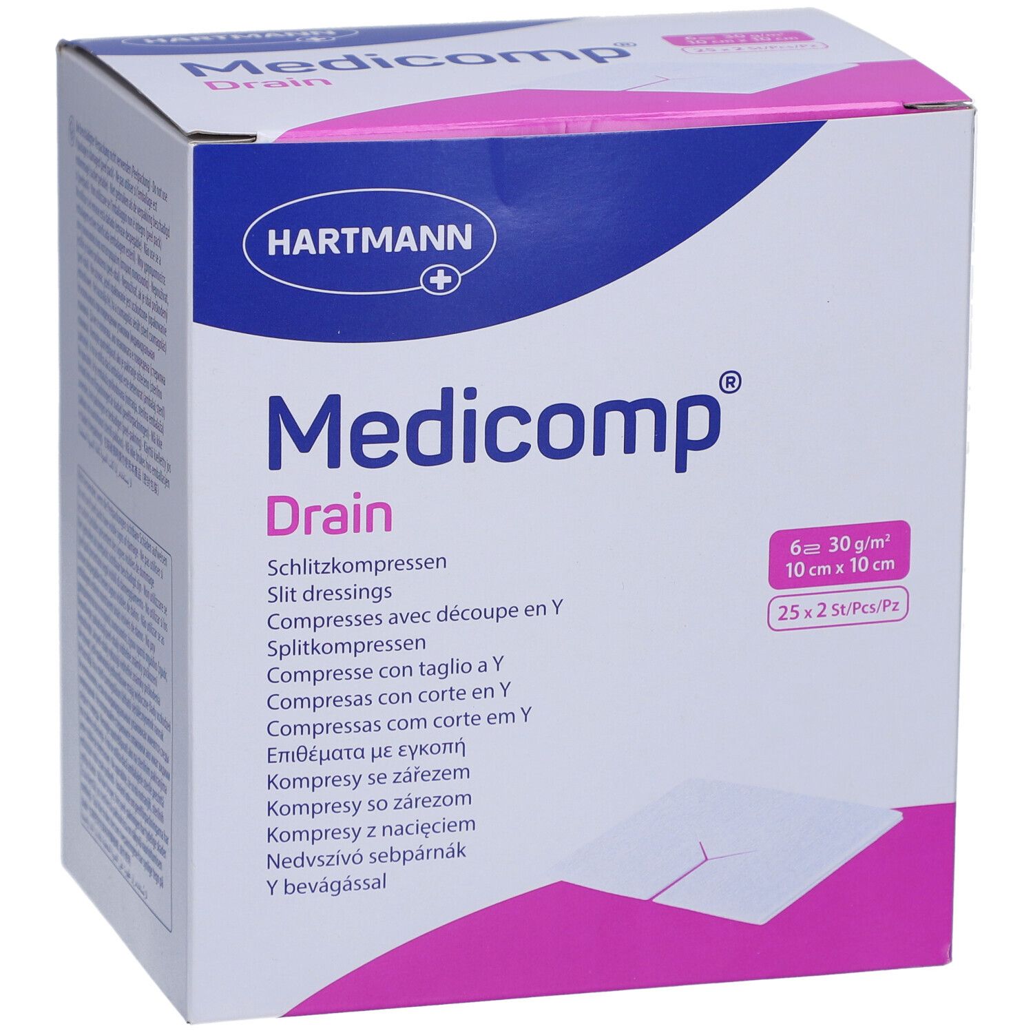 Medicomp Drain Verpackung. Hartmann Logo. 6 Kompressen, 10 x 10 cm. Weiße Kompresse mit Y-Schnitt.