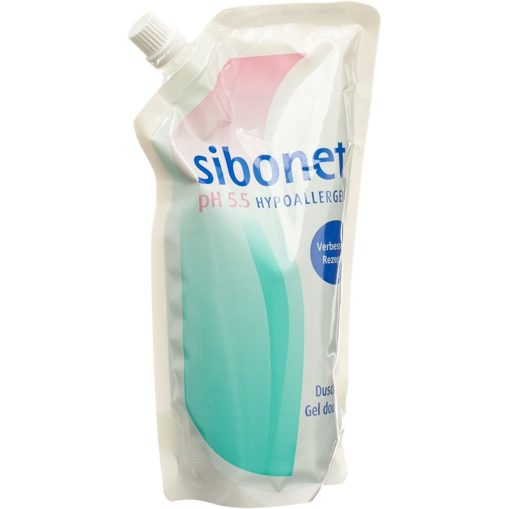 Nachfüllpackung mit weißem Verschluss. Aufschrift: sibonet, pH 5.5, hypoallergen. Türkis-farbener Bereich. Blaue Kreise mit Text.