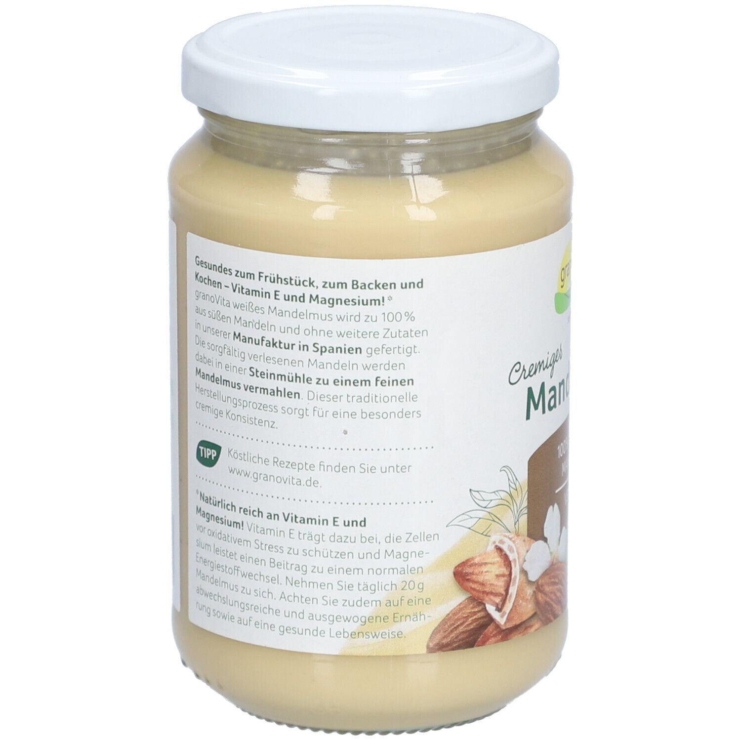 Rückseite des Glases mit Cremiges Mandelmousse. Text über Inhaltsstoffe und Nährwerte. Abbildung von Mandeln.