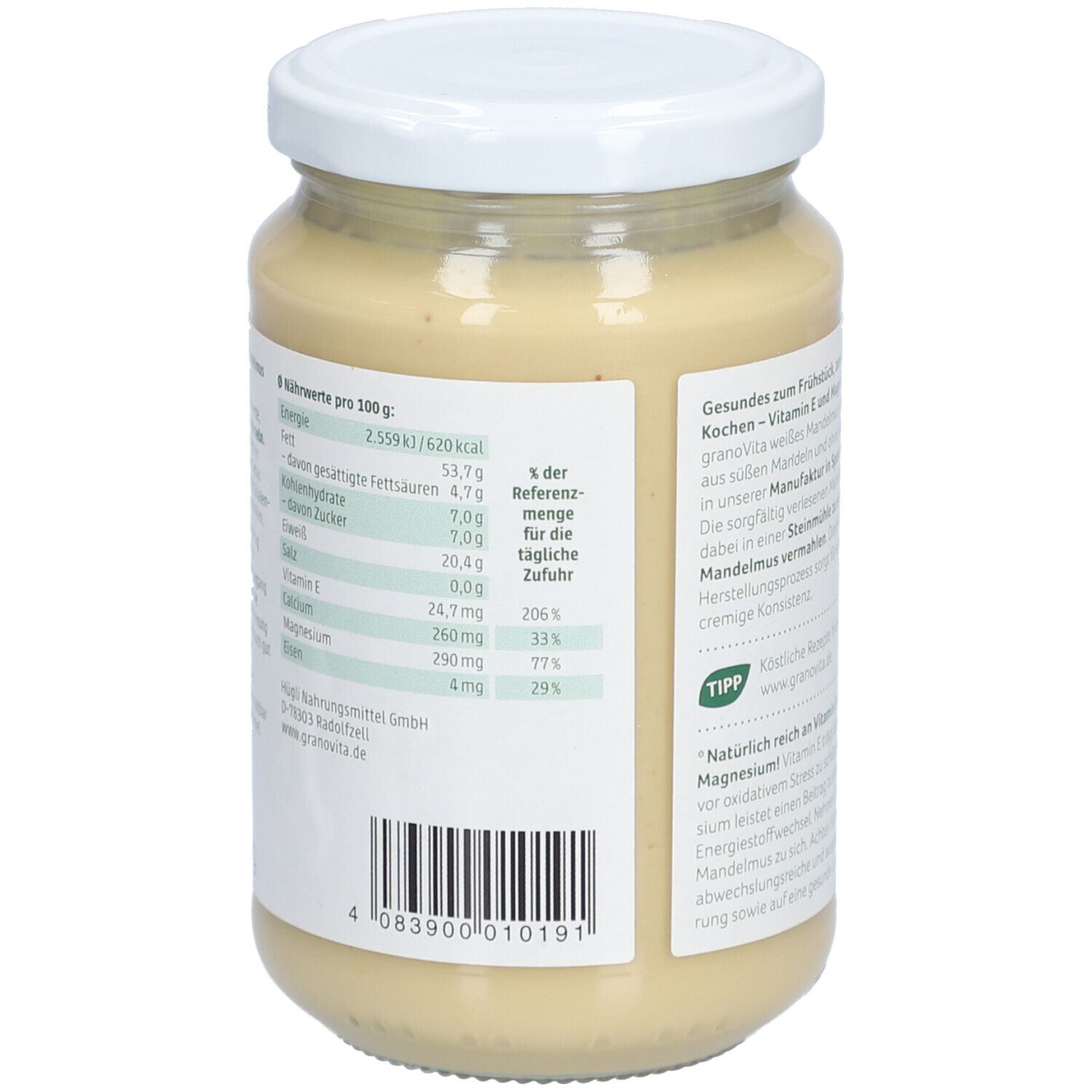 Rückseite des Glases mit Cremiges Mandelmousse. Nährwerttabelle. Barcode.