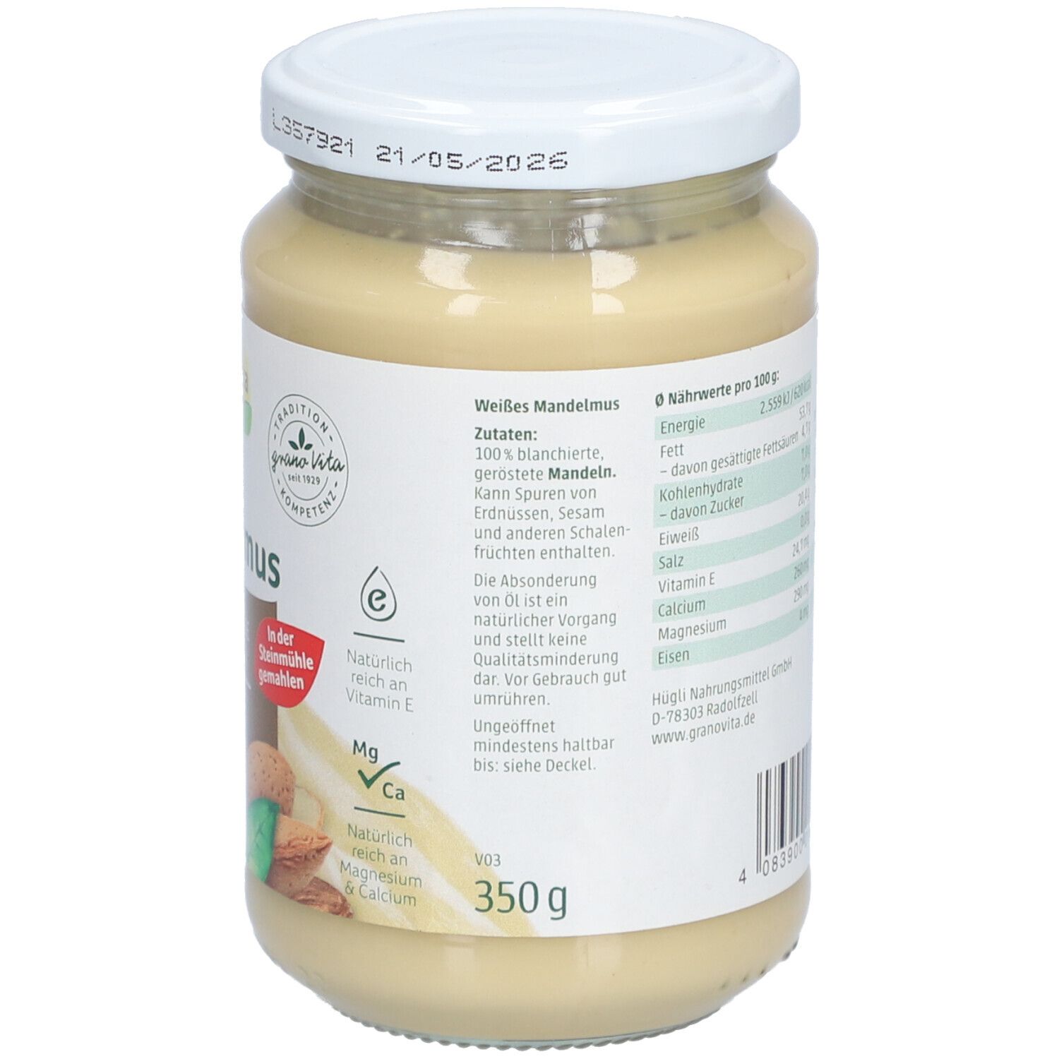 Rückseite des Glases mit Cremiges Mandelmousse. Text über Inhaltsstoffe und Nährwerte. Zeichen für Vitamin E, Mg, Ca. 350g.