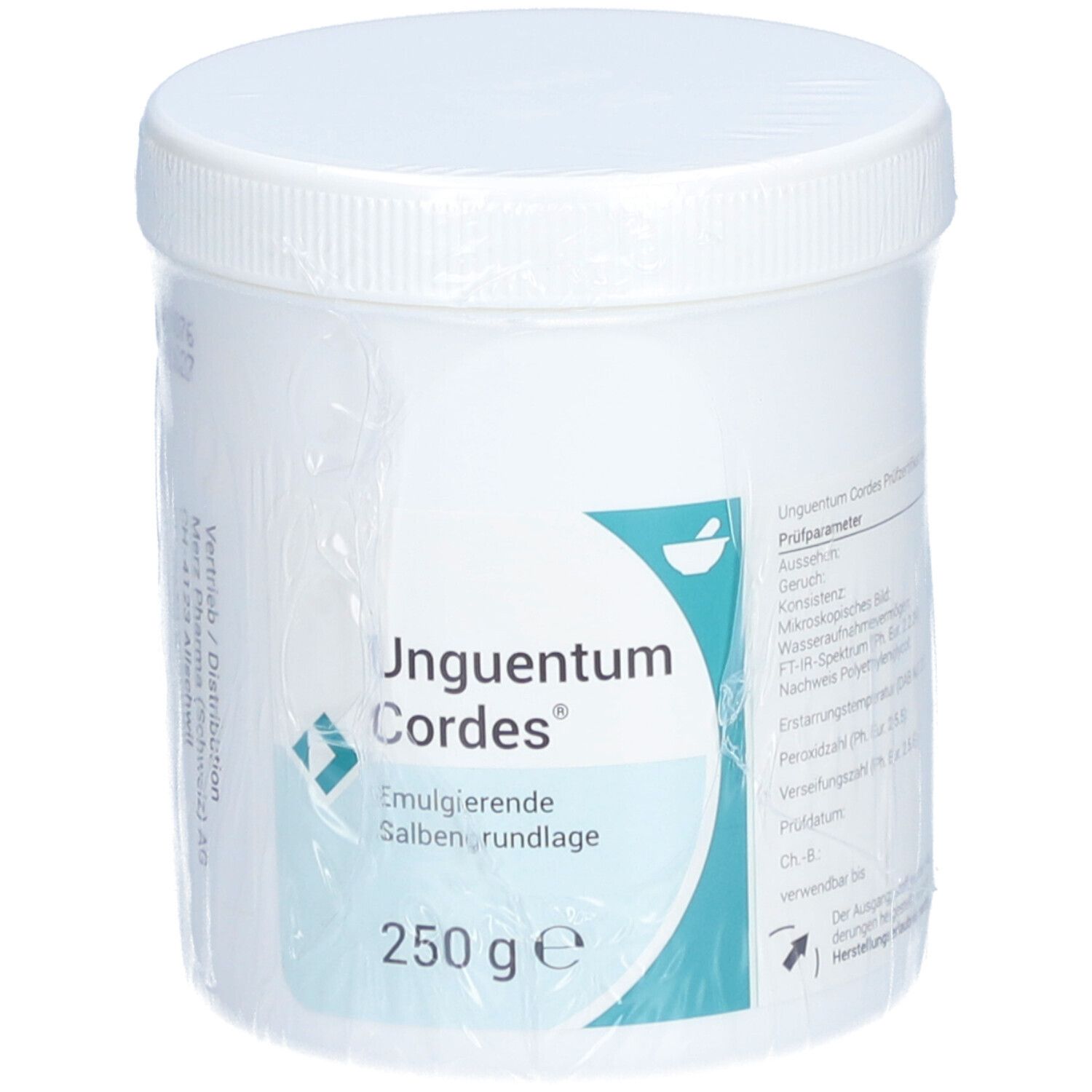 Weißer Tiegel mit Deckel, eingeschweißt. Aufschrift: Unguentum Cordes, 250 g. Etikett mit Produktinformationen.