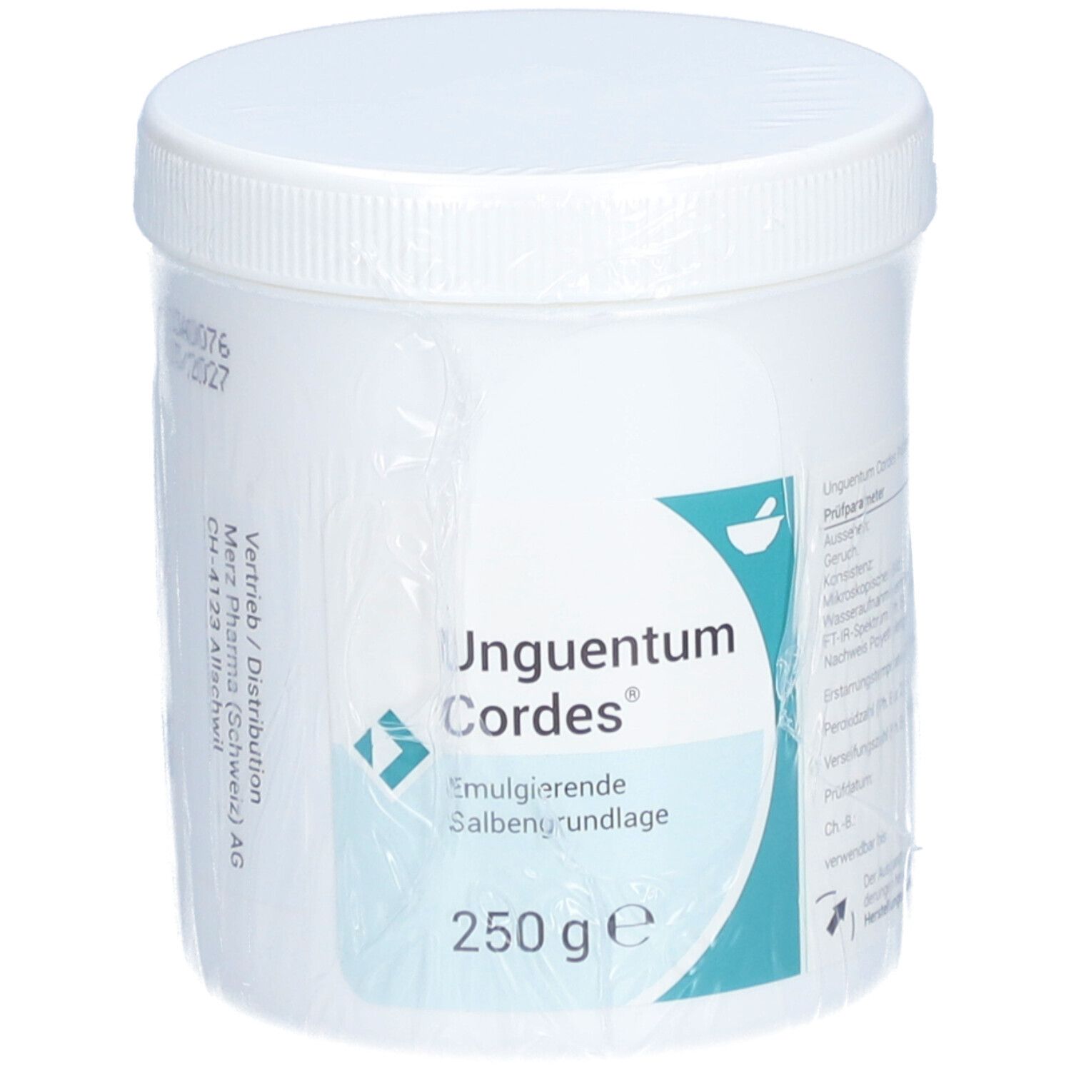 Weißer Tiegel mit Deckel, eingeschweißt. Aufschrift: Unguentum Cordes, 250 g. Etikett mit Produktinformationen.