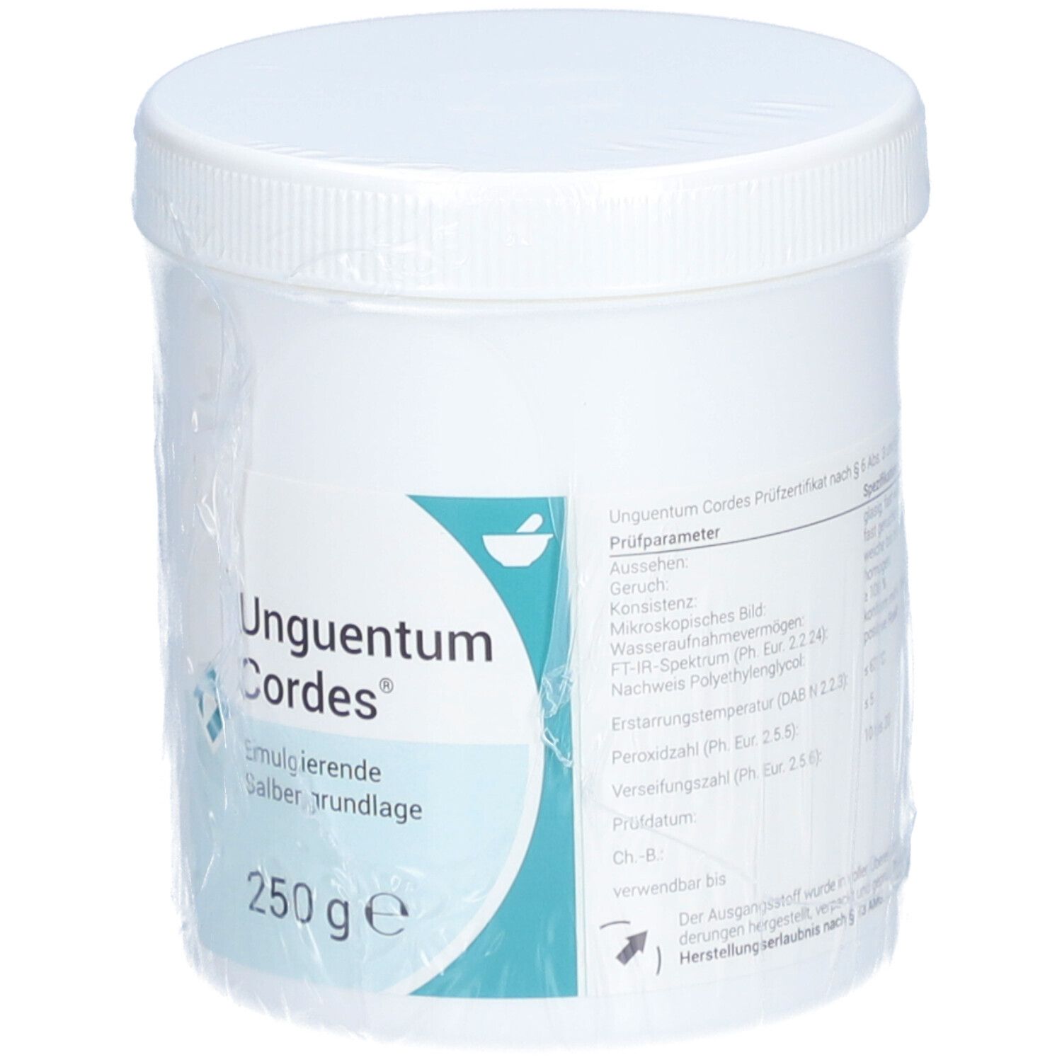 Weißer Tiegel mit Deckel, eingeschweißt. Aufschrift: Unguentum Cordes, 250 g. Etikett mit Produktinformationen.