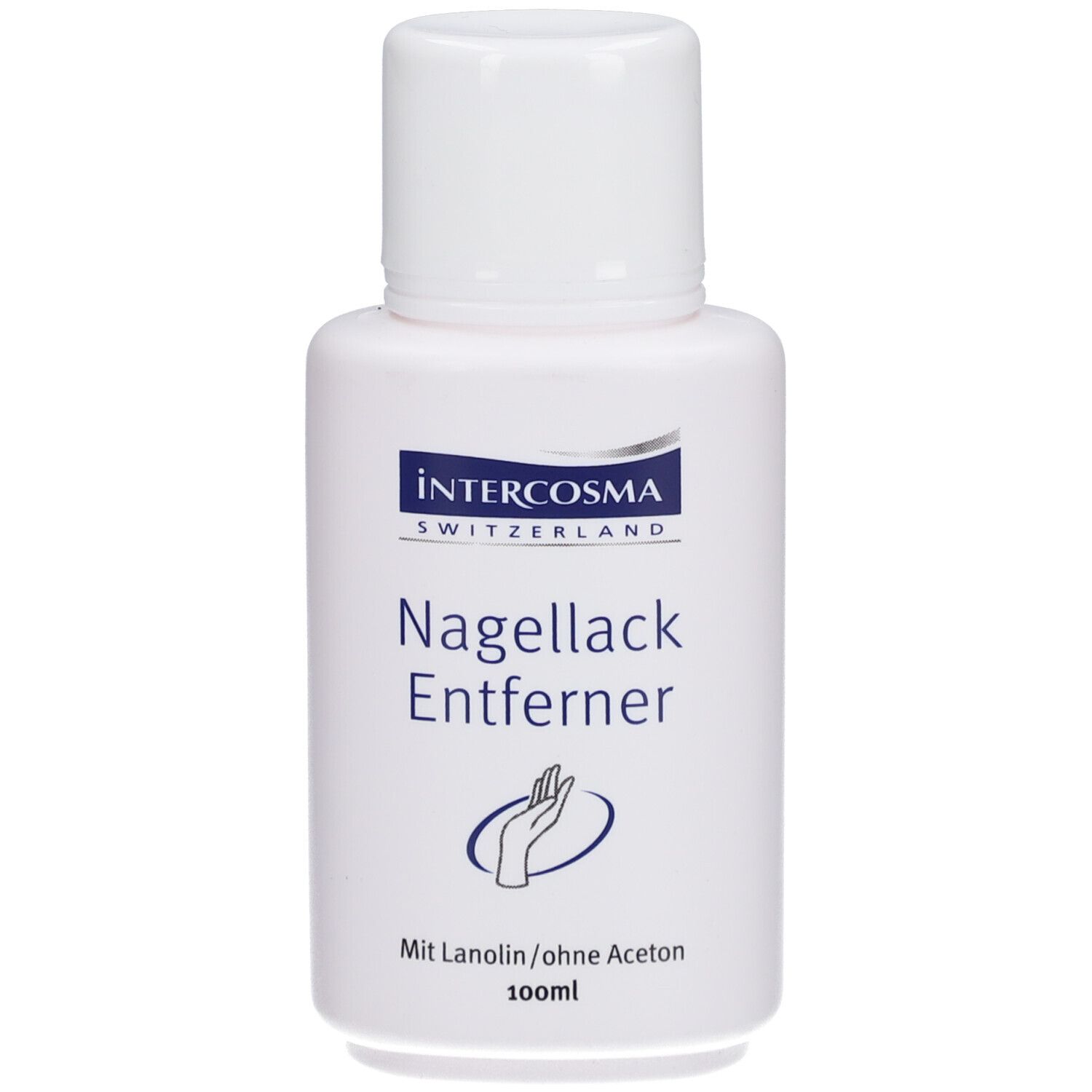 Weiße Flasche mit blauem Etikett. Beschriftung: Intercosma, Nagellack Entferner, Mit Lanolin/ohne Aceton.