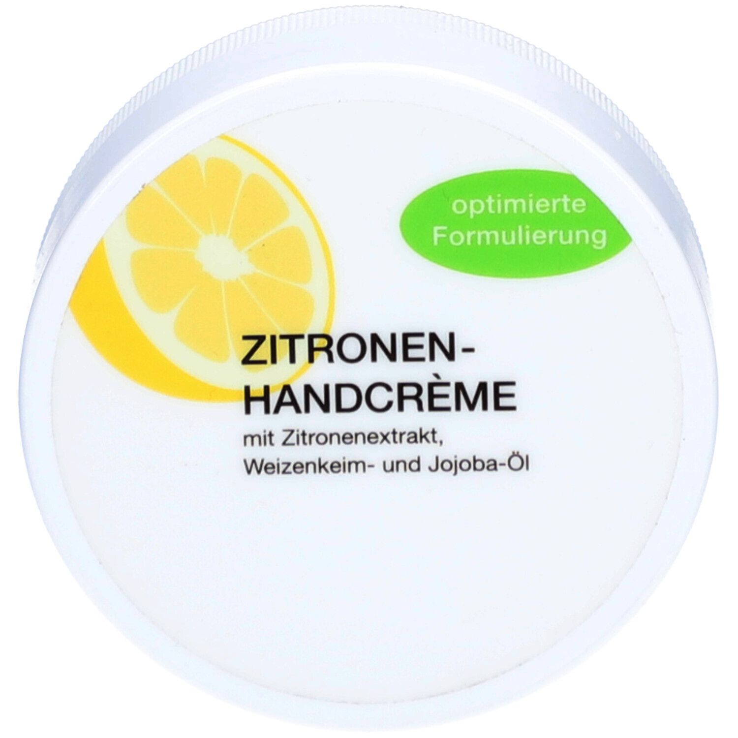 Weißer Tiegel mit Zitronen-Handcreme-Etikett. Gelbe Zitrone, grünes Label mit Text. Deckelansicht.